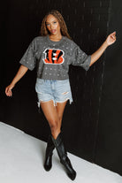 CINCINNATI BENGALS JUST IN TIME OVERSIZED ALL-OVER RHINESTONE SHORT SLEEVE CROP TEE