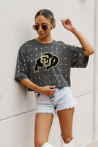 COLORADO BUFFALOES JUST IN TIME OVERSIZED ALL-OVER RHINESTONE SHORT SLEEVE CROP TEE