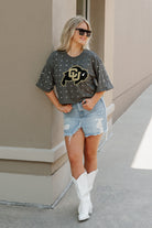 COLORADO BUFFALOES JUST IN TIME OVERSIZED ALL-OVER RHINESTONE SHORT SLEEVE CROP TEE