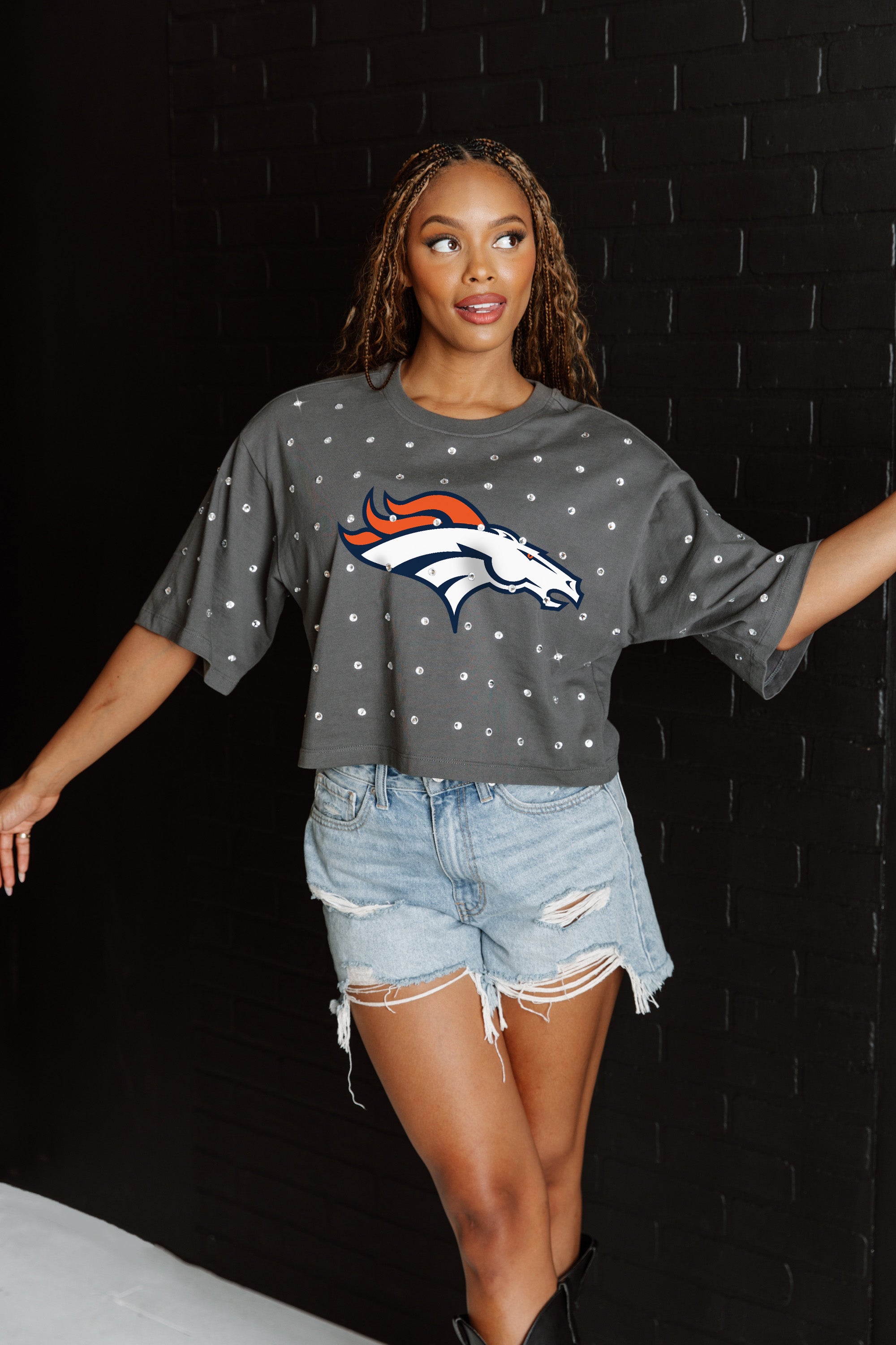 DENVER BRONCOS JUST IN TIME OVERSIZED ALL-OVER RHINESTONE SHORT SLEEVE CROP TEE