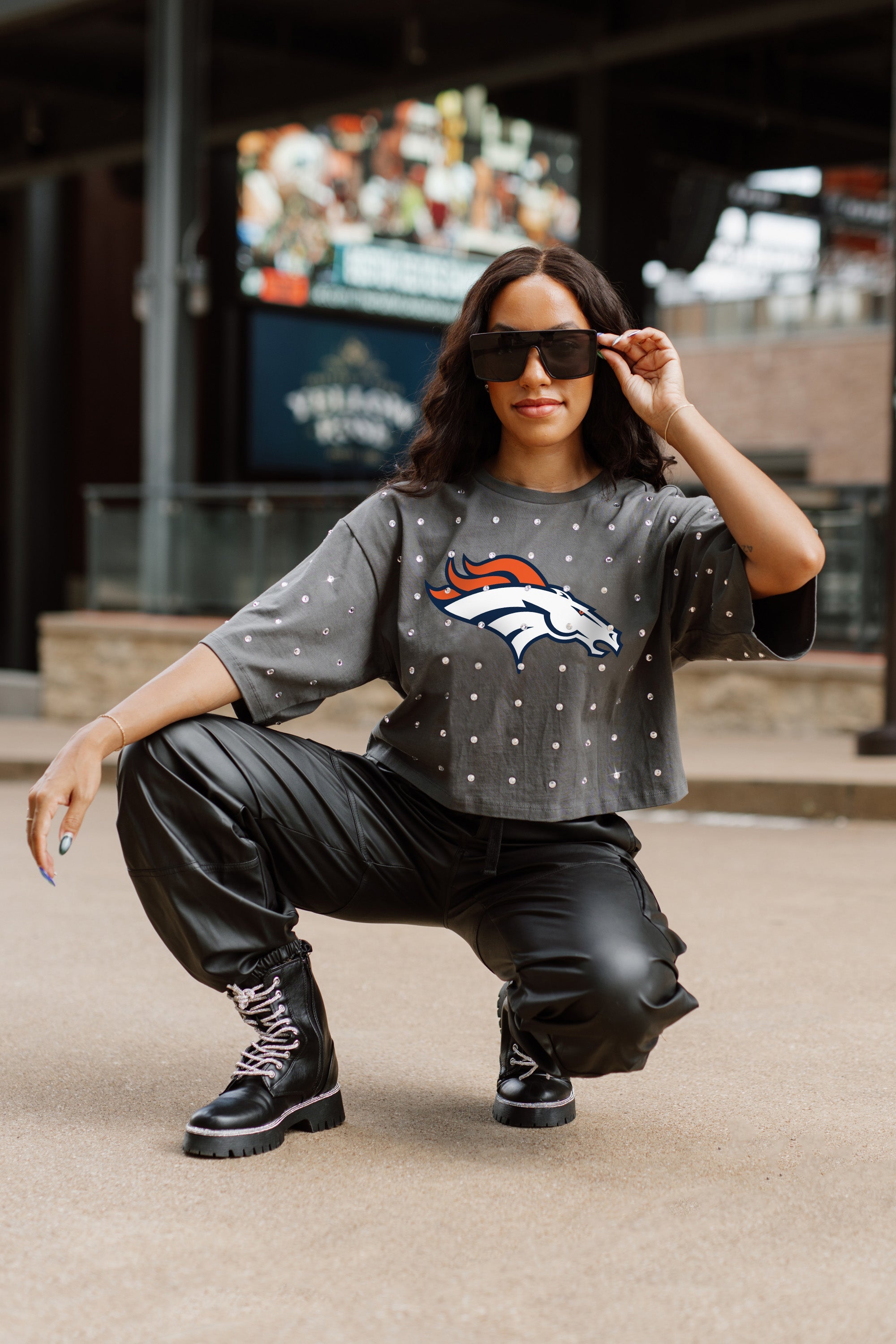 DENVER BRONCOS JUST IN TIME OVERSIZED ALL-OVER RHINESTONE SHORT SLEEVE CROP TEE