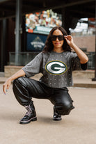 GREEN BAY PACKERS JUST IN TIME OVERSIZED ALL-OVER RHINESTONE SHORT SLEEVE CROP TEE