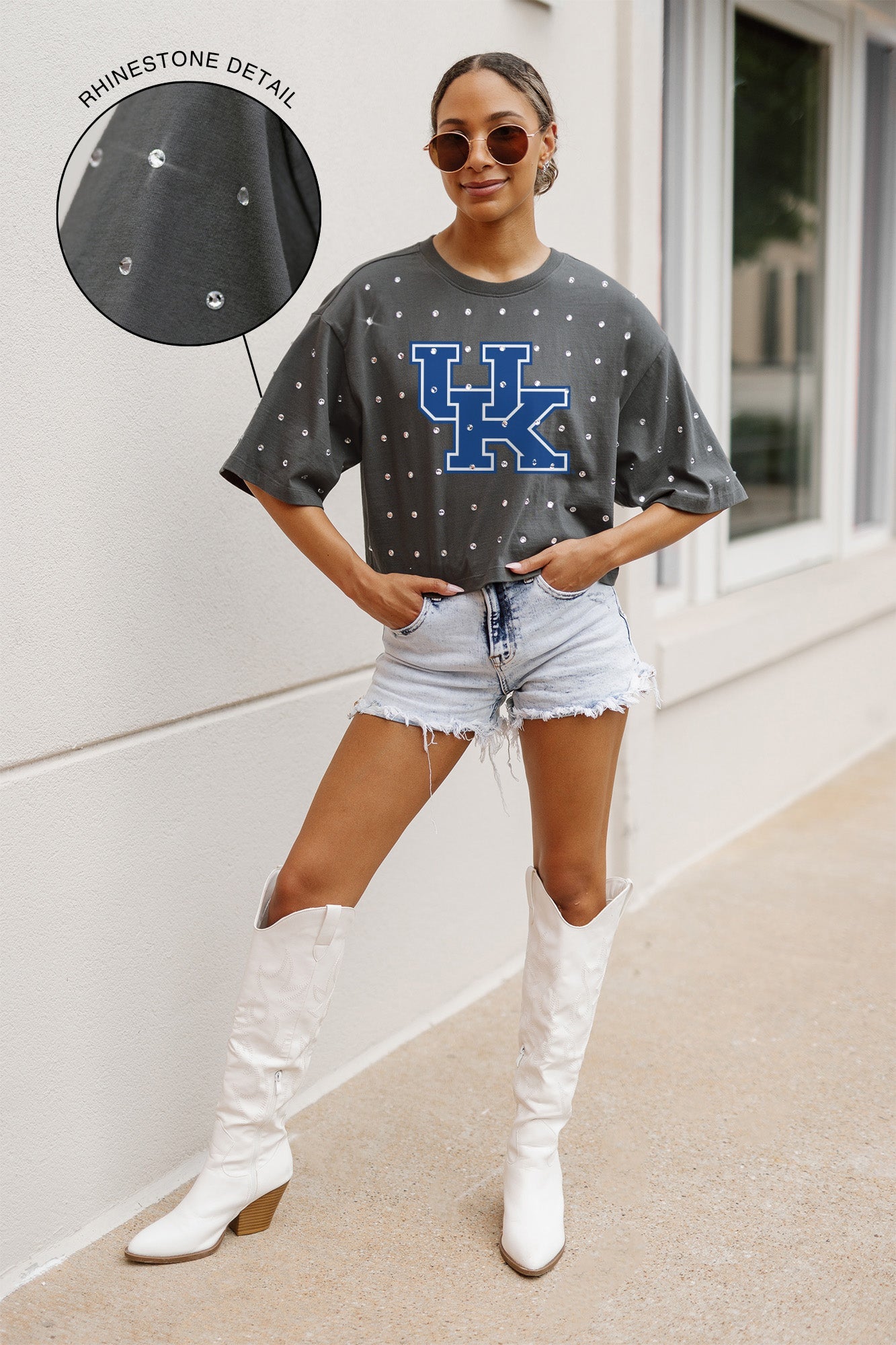 KENTUCKY WILDCATS JUST IN TIME OVERSIZED ALL-OVER RHINESTONE SHORT SLEEVE CROP TEE