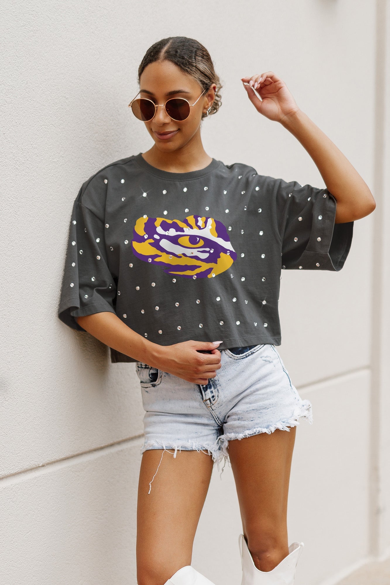 LSU TIGERS JUST IN TIME OVERSIZED ALL-OVER RHINESTONE SHORT SLEEVE CROP TEE