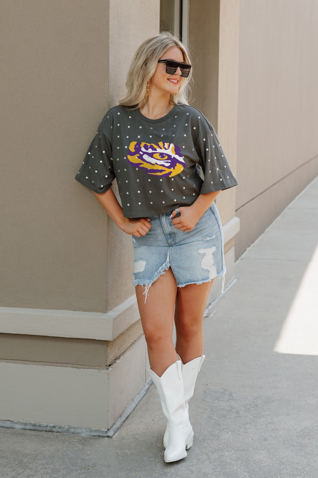 LSU TIGERS JUST IN TIME OVERSIZED ALL-OVER RHINESTONE SHORT SLEEVE CROP TEE