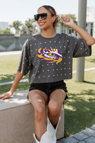 LSU TIGERS JUST IN TIME OVERSIZED ALL-OVER RHINESTONE SHORT SLEEVE CROP TEE