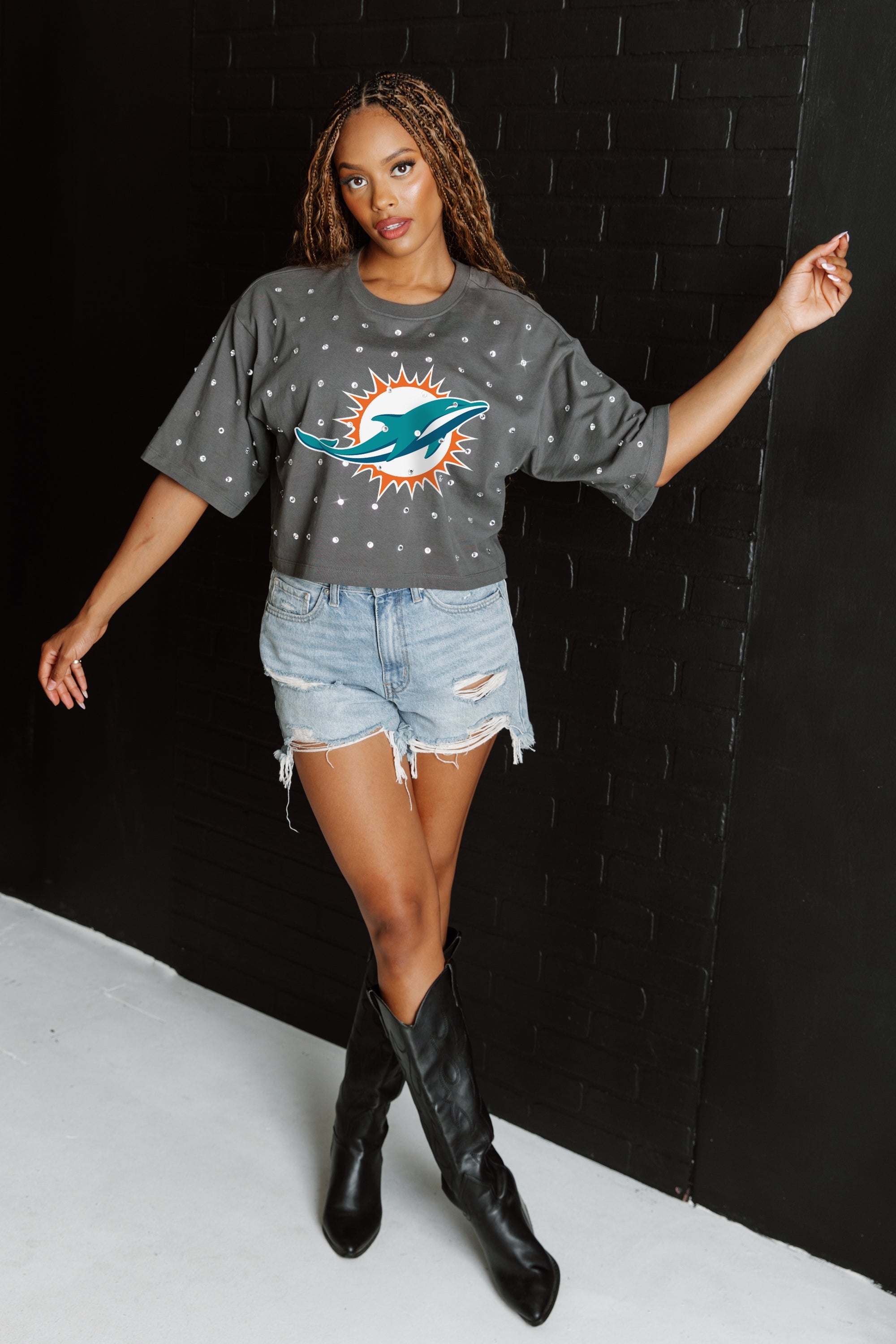 MIAMI DOLPHINS JUST IN TIME OVERSIZED ALL-OVER RHINESTONE SHORT SLEEVE CROP TEE