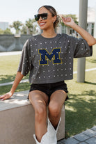 MICHIGAN WOLVERINES JUST IN TIME OVERSIZED ALL-OVER RHINESTONE SHORT SLEEVE CROP TEE