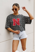 NEBRASKA CORNHUSKERS JUST IN TIME OVERSIZED ALL-OVER RHINESTONE SHORT SLEEVE CROP TEE