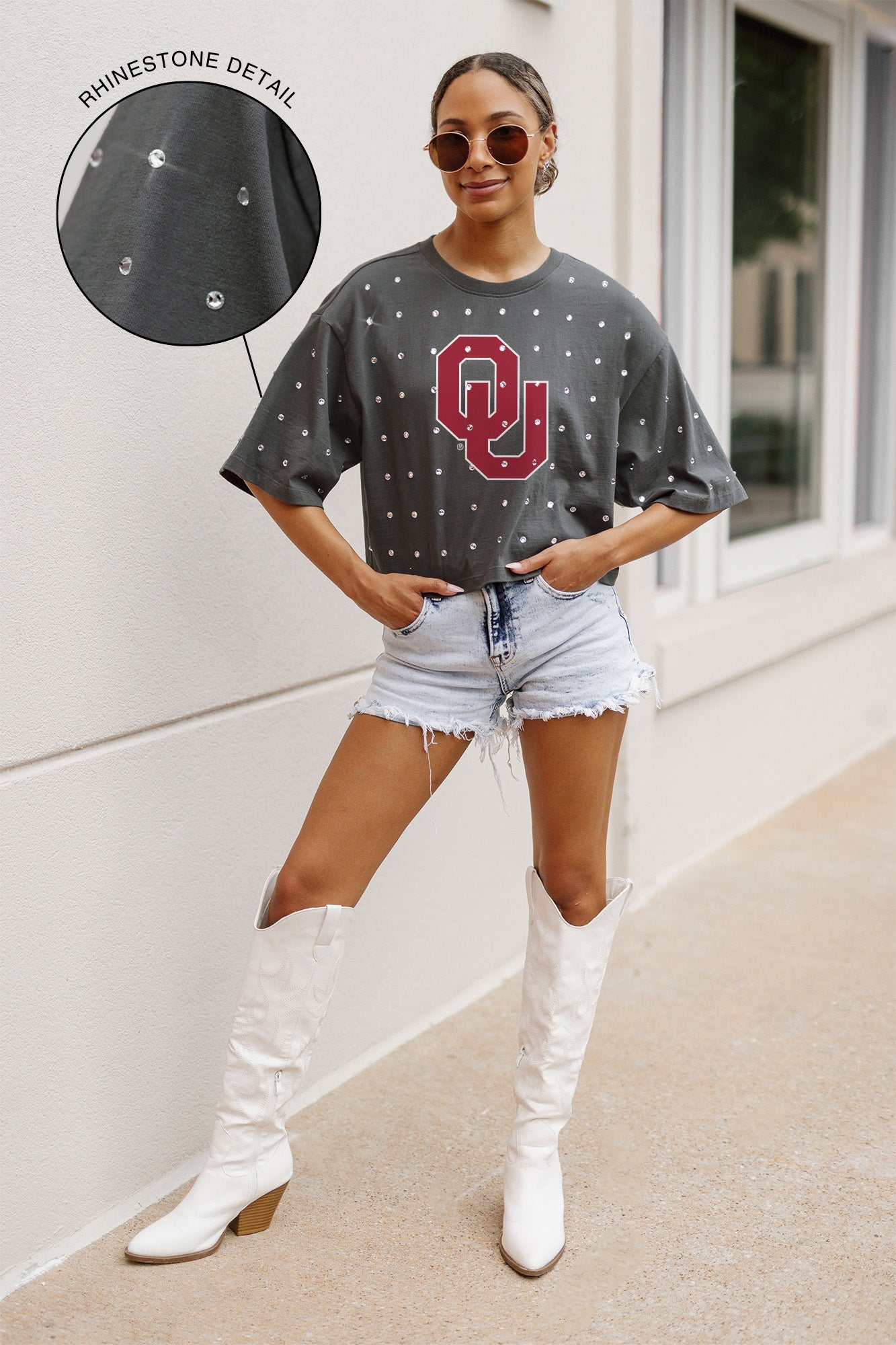 OKLAHOMA SOONERS JUST IN TIME OVERSIZED ALL-OVER RHINESTONE SHORT SLEEVE CROP TEE