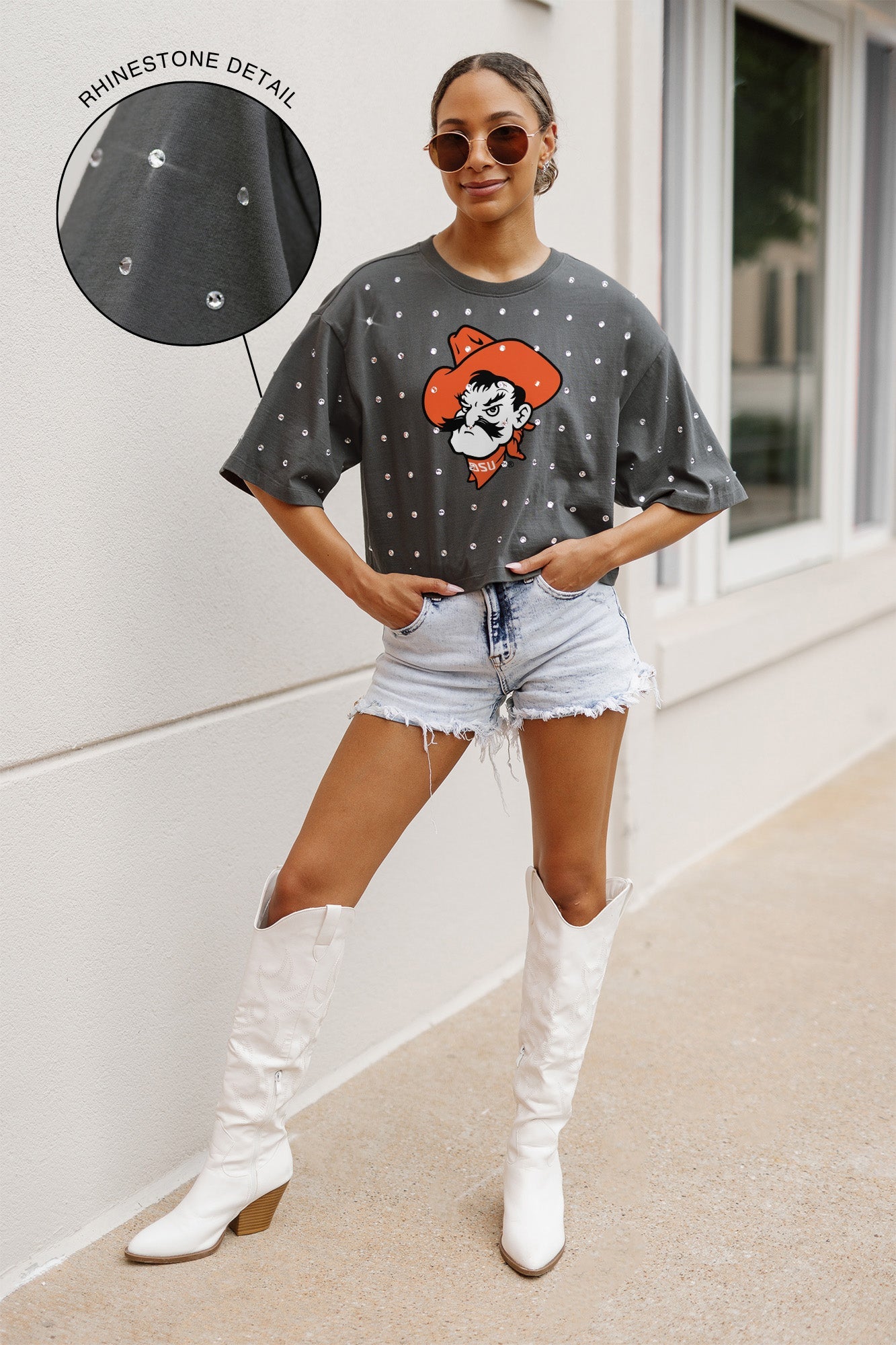 OKLAHOMA STATE COWBOYS JUST IN TIME OVERSIZED ALL-OVER RHINESTONE SHORT SLEEVE CROP TEE