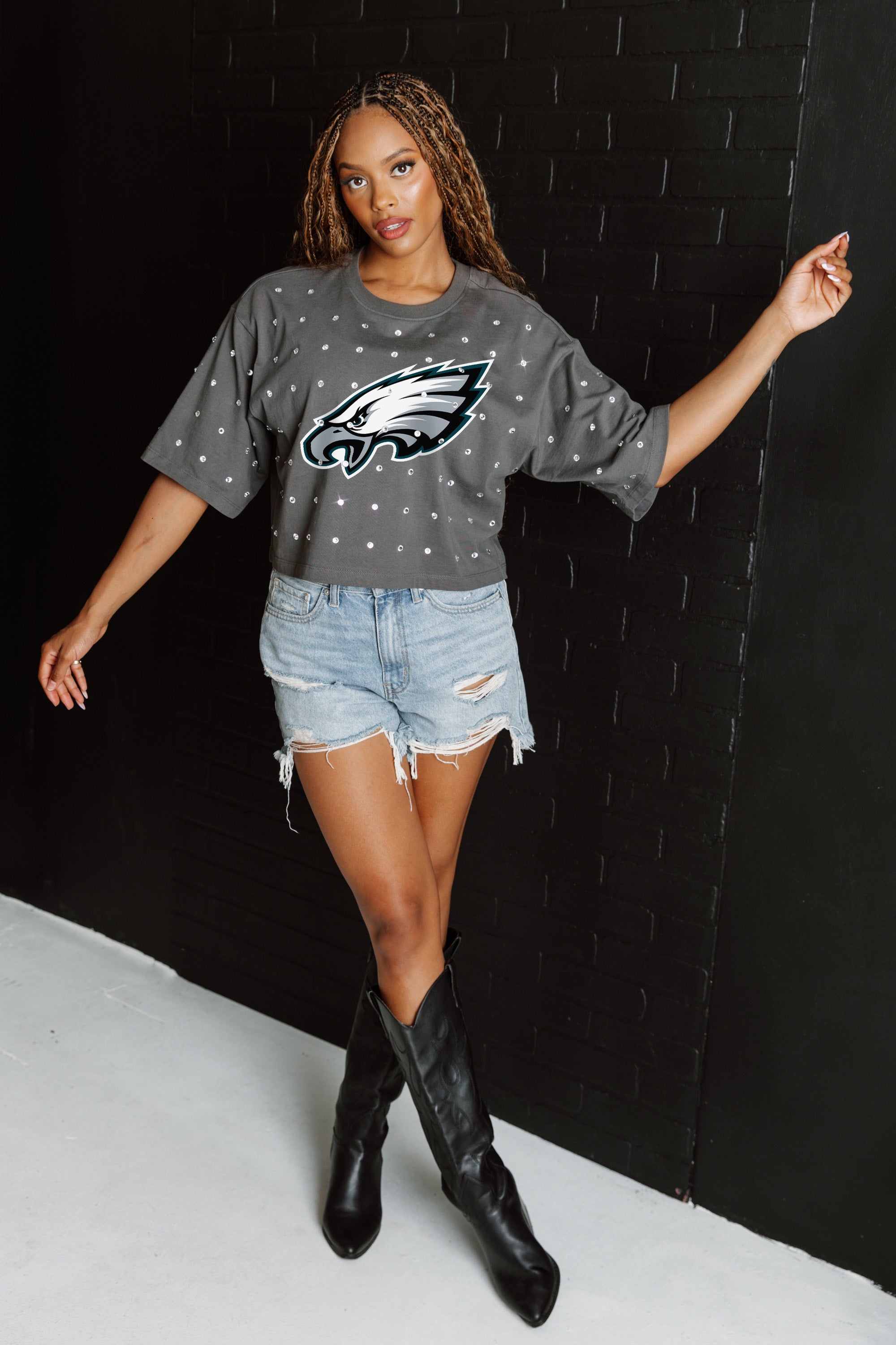 PHILADELPHIA EAGLES JUST IN TIME OVERSIZED ALL-OVER RHINESTONE SHORT SLEEVE CROP TEE