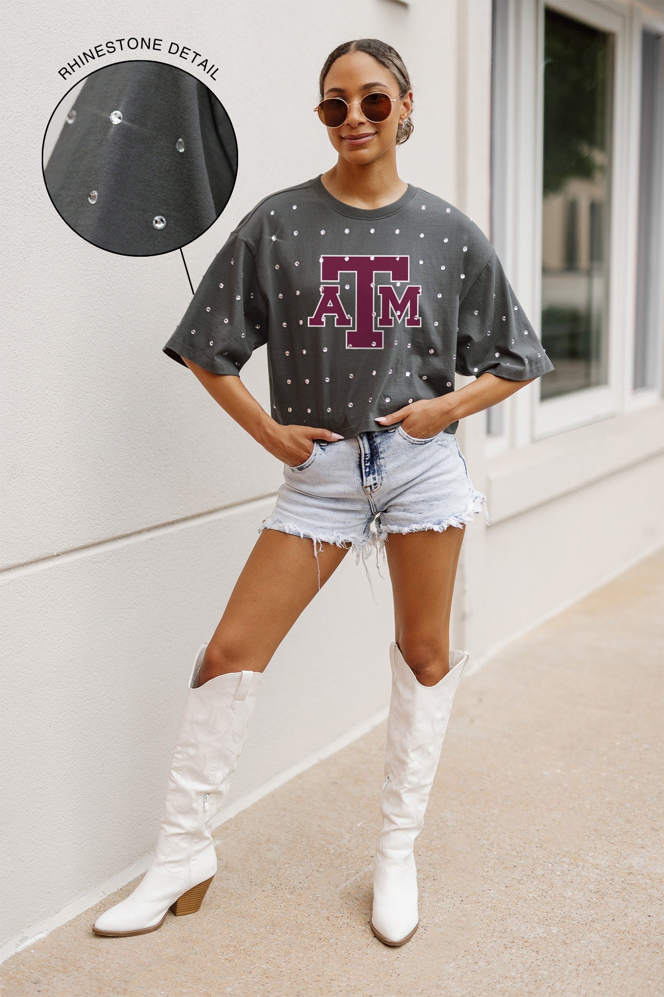 TEXAS A&M AGGIES JUST IN TIME OVERSIZED ALL-OVER RHINESTONE SHORT SLEEVE CROP TEE