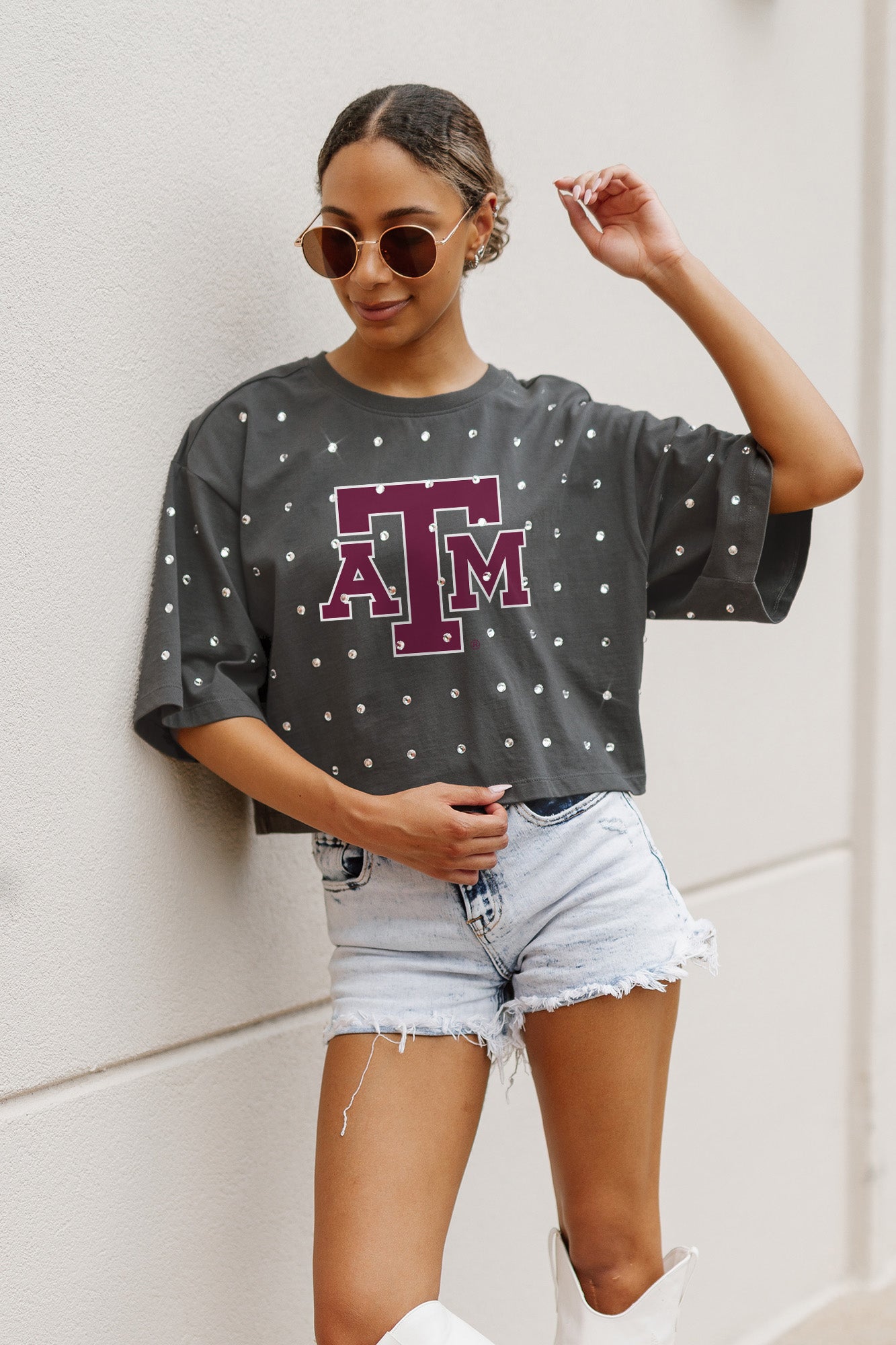 TEXAS A&M AGGIES JUST IN TIME OVERSIZED ALL-OVER RHINESTONE SHORT SLEEVE CROP TEE