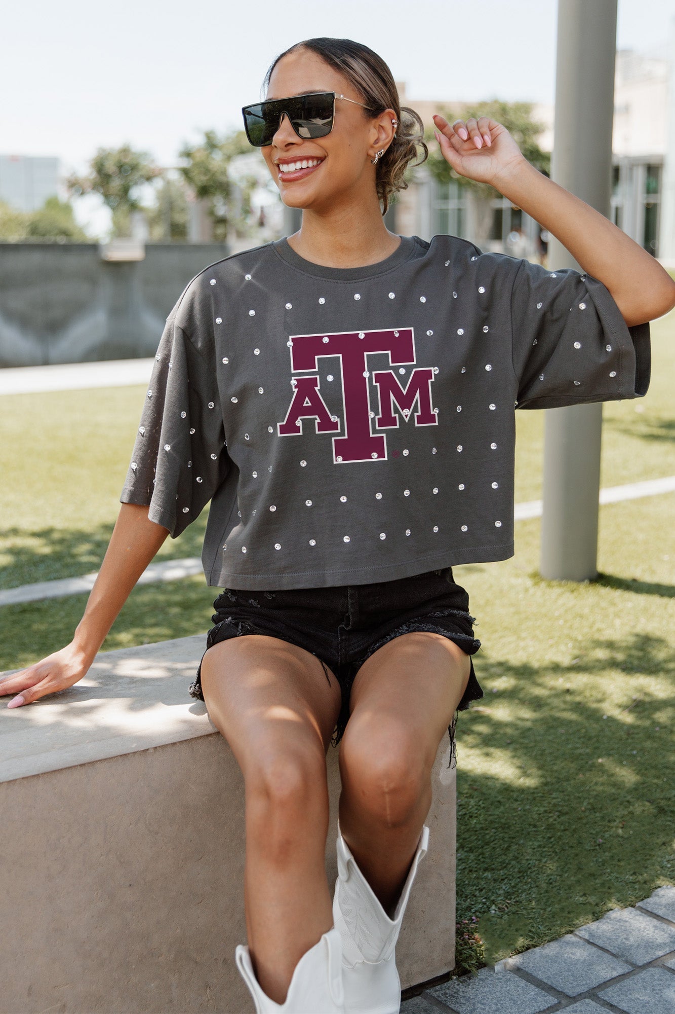 TEXAS A&M AGGIES JUST IN TIME OVERSIZED ALL-OVER RHINESTONE SHORT SLEEVE CROP TEE