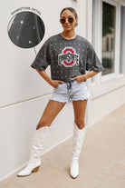 OHIO STATE BUCKEYES JUST IN TIME OVERSIZED ALL-OVER RHINESTONE SHORT SLEEVE CROP TEE