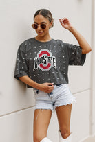 OHIO STATE BUCKEYES JUST IN TIME OVERSIZED ALL-OVER RHINESTONE SHORT SLEEVE CROP TEE