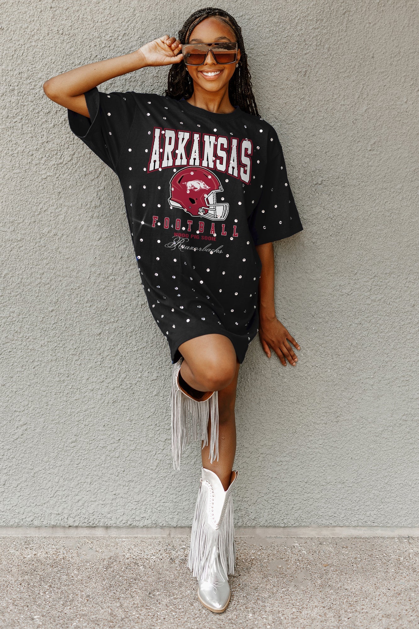 ARKANSAS RAZORBACKS GAME CHANGING ALL-OVER RHINESTONE SHORT SLEEVE T-SHIRT DRESS