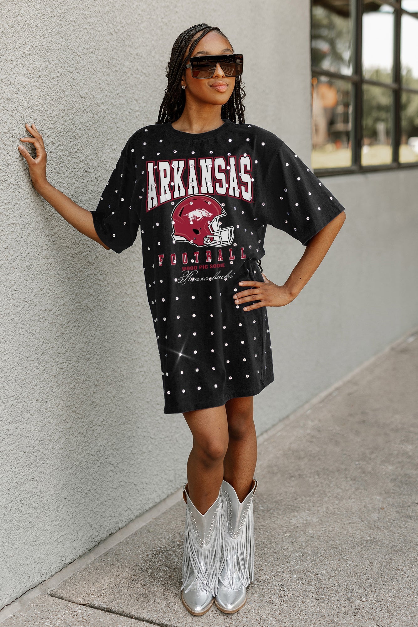 ARKANSAS RAZORBACKS GAME CHANGING ALL-OVER RHINESTONE SHORT SLEEVE T-SHIRT DRESS