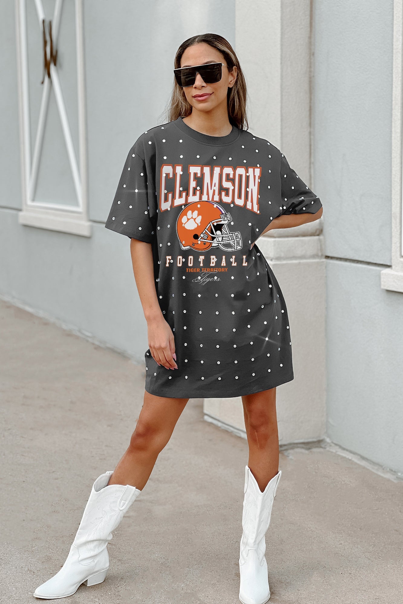 CLEMSON TIGERS GAME CHANGING ALL-OVER RHINESTONE SHORT SLEEVE T-SHIRT DRESS