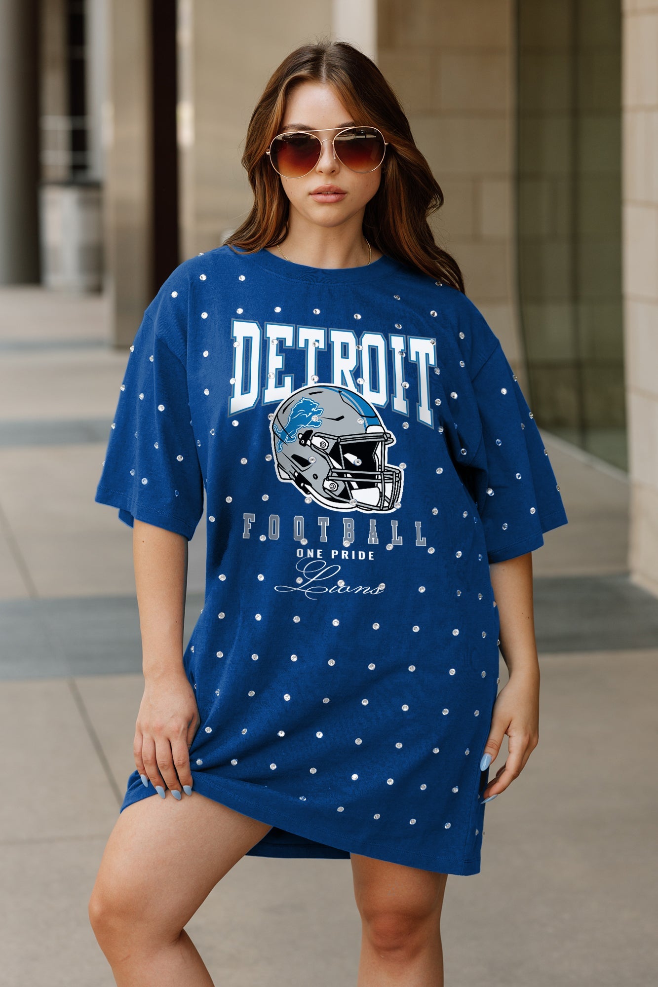 DETROIT LIONS GAME CHANGING ALL-OVER RHINESTONE SHORT SLEEVE T-SHIRT DRESS