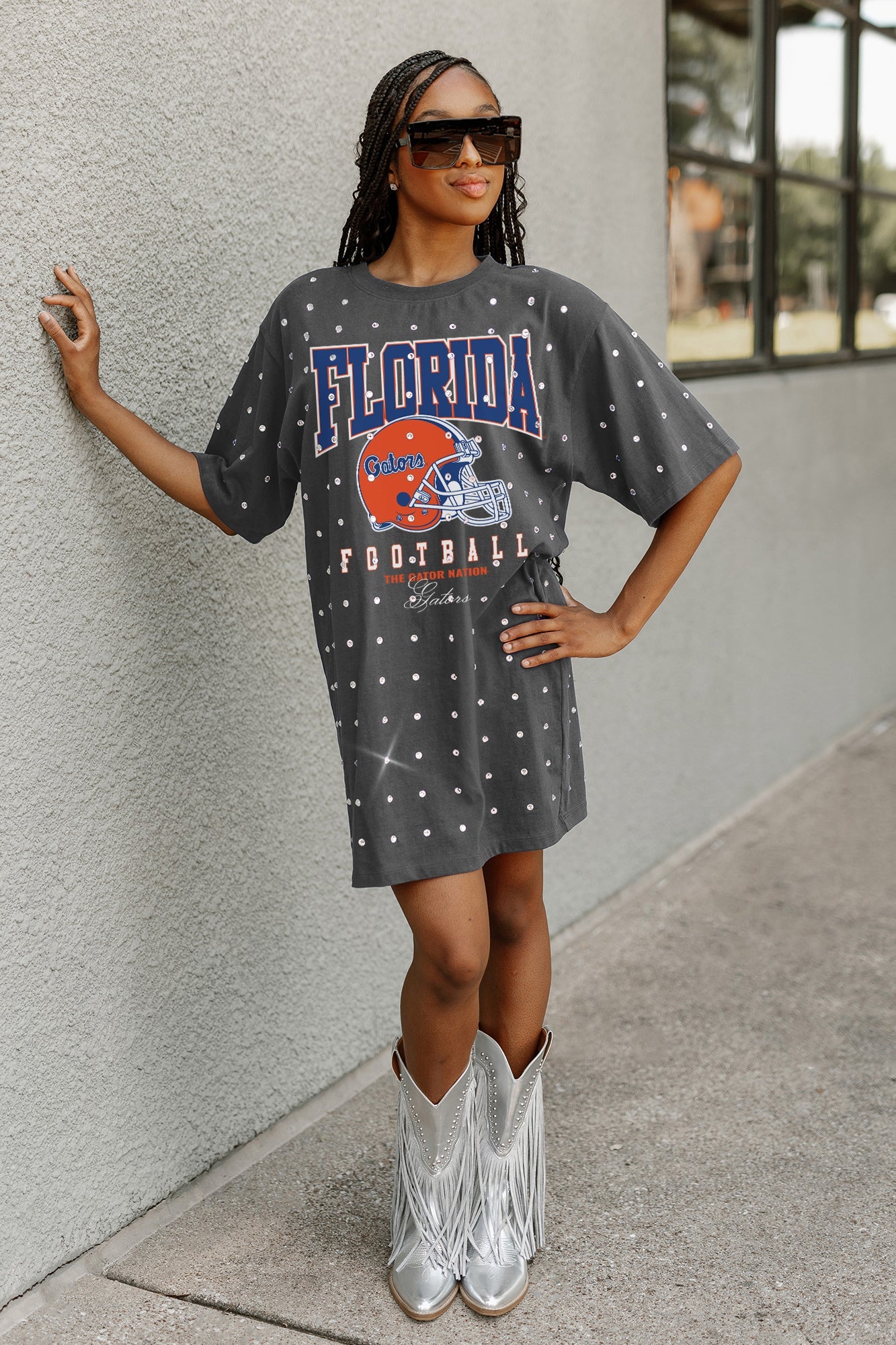 FLORIDA GATORS GAME CHANGING ALL-OVER RHINESTONE SHORT SLEEVE T-SHIRT DRESS