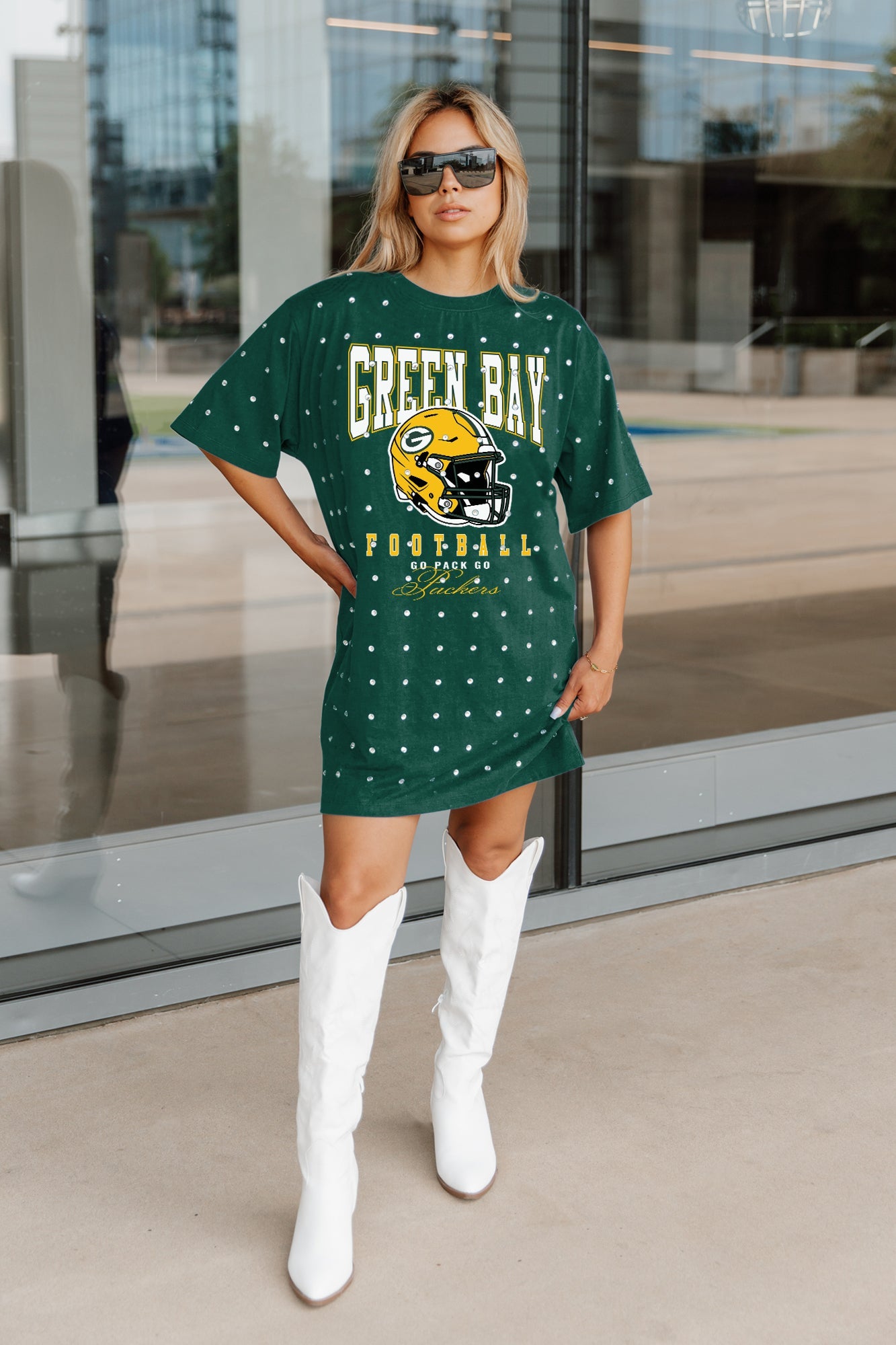 GREEN BAY PACKERS GAME CHANGING ALL-OVER RHINESTONE SHORT SLEEVE T-SHIRT DRESS