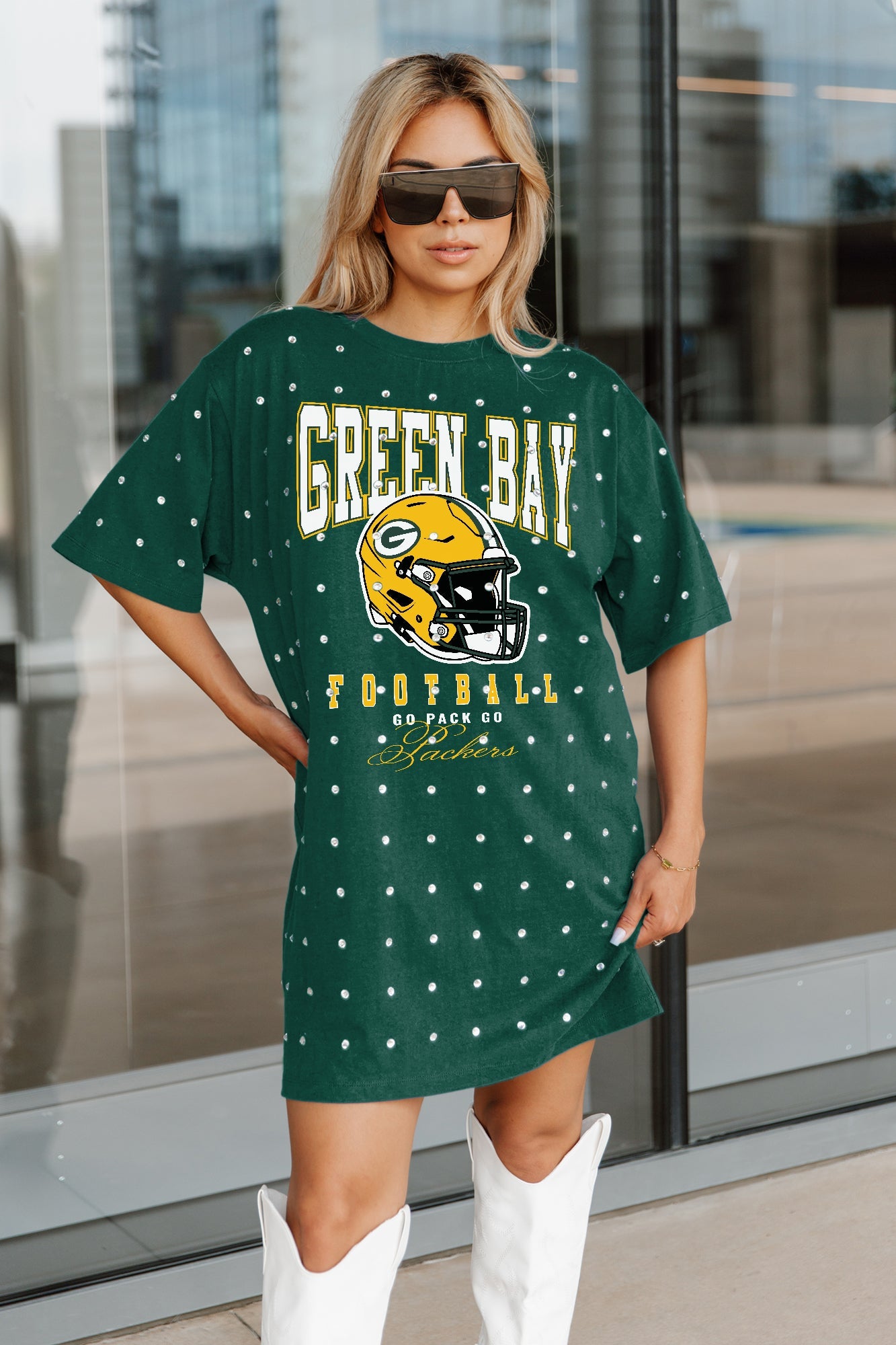 GREEN BAY PACKERS GAME CHANGING ALL OVER RHINESTONE SHORT SLEEVE T SHIRT DRESS