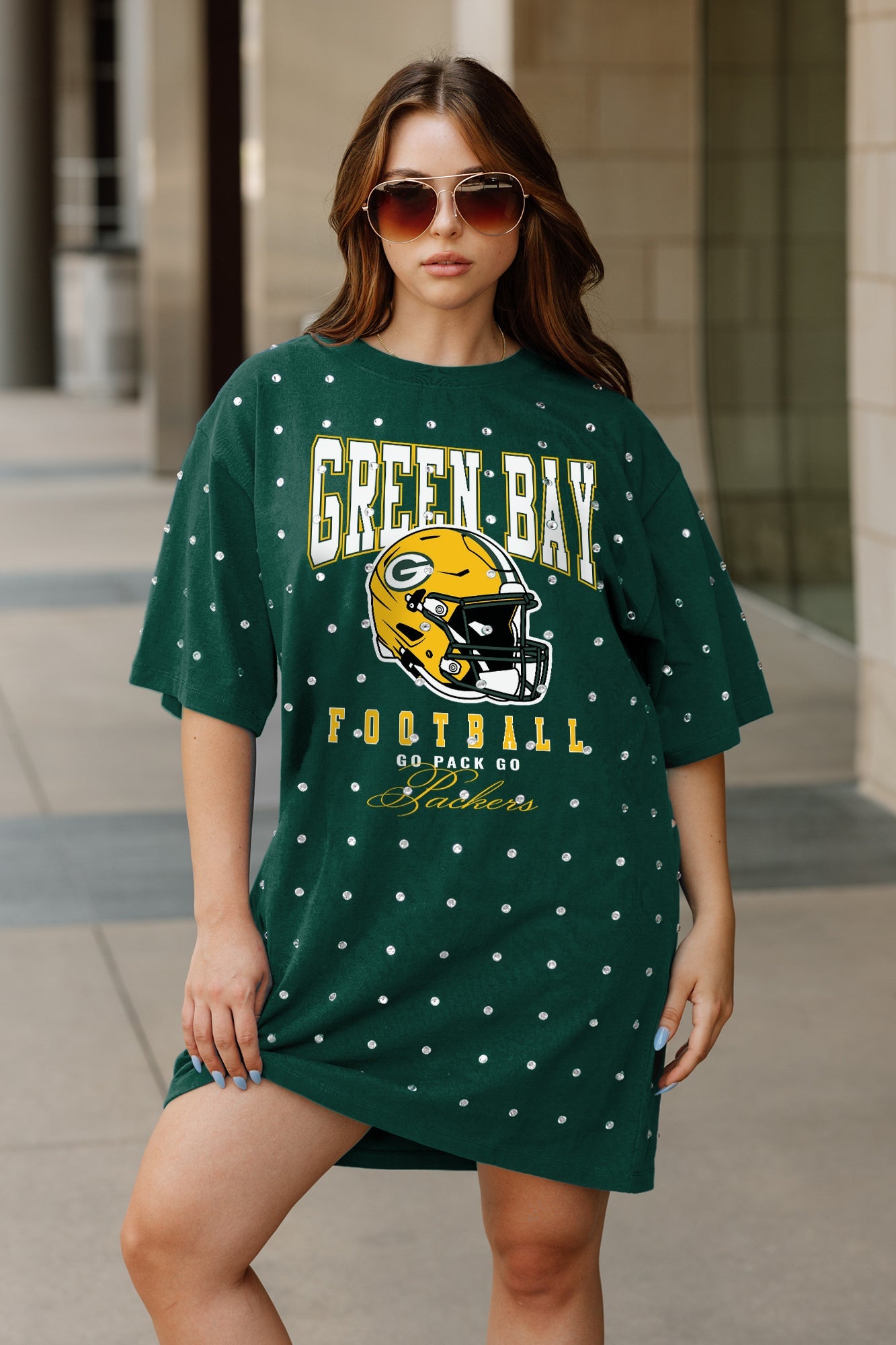 GREEN BAY PACKERS GAME CHANGING ALL-OVER RHINESTONE SHORT SLEEVE T-SHIRT DRESS