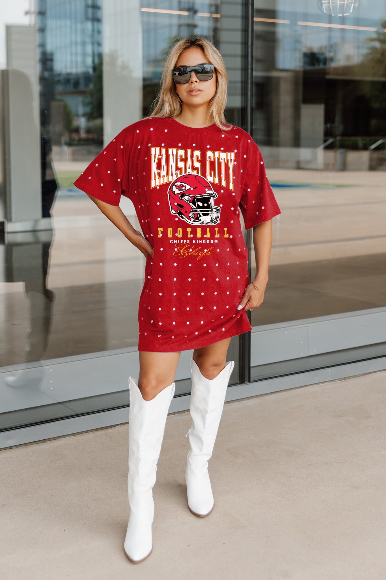 KANSAS CITY CHIEFS GAME CHANGING ALL-OVER RHINESTONE SHORT SLEEVE T-SHIRT DRESS