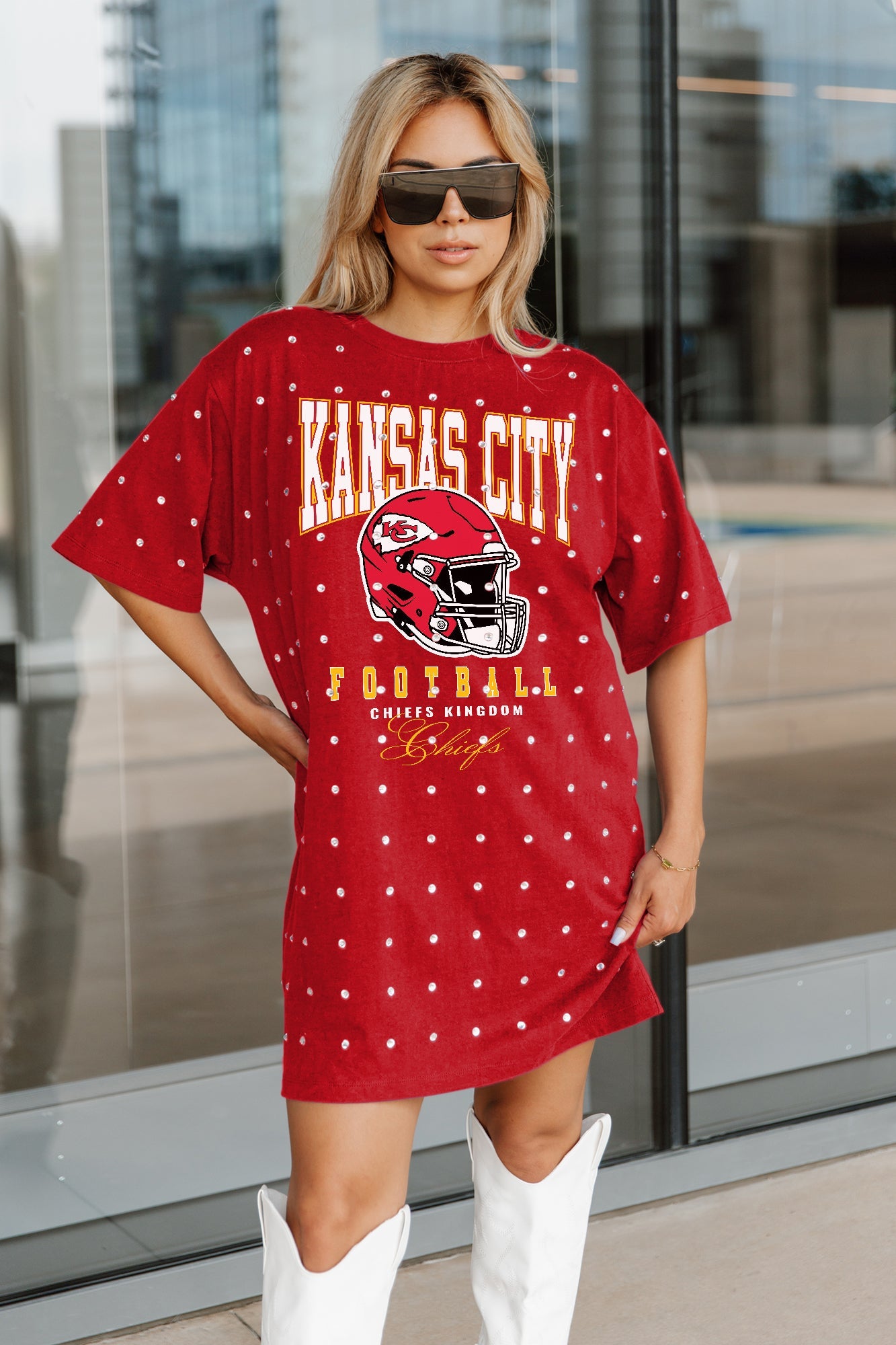 KANSAS CITY CHIEFS GAME CHANGING ALL-OVER RHINESTONE SHORT SLEEVE T-SHIRT DRESS