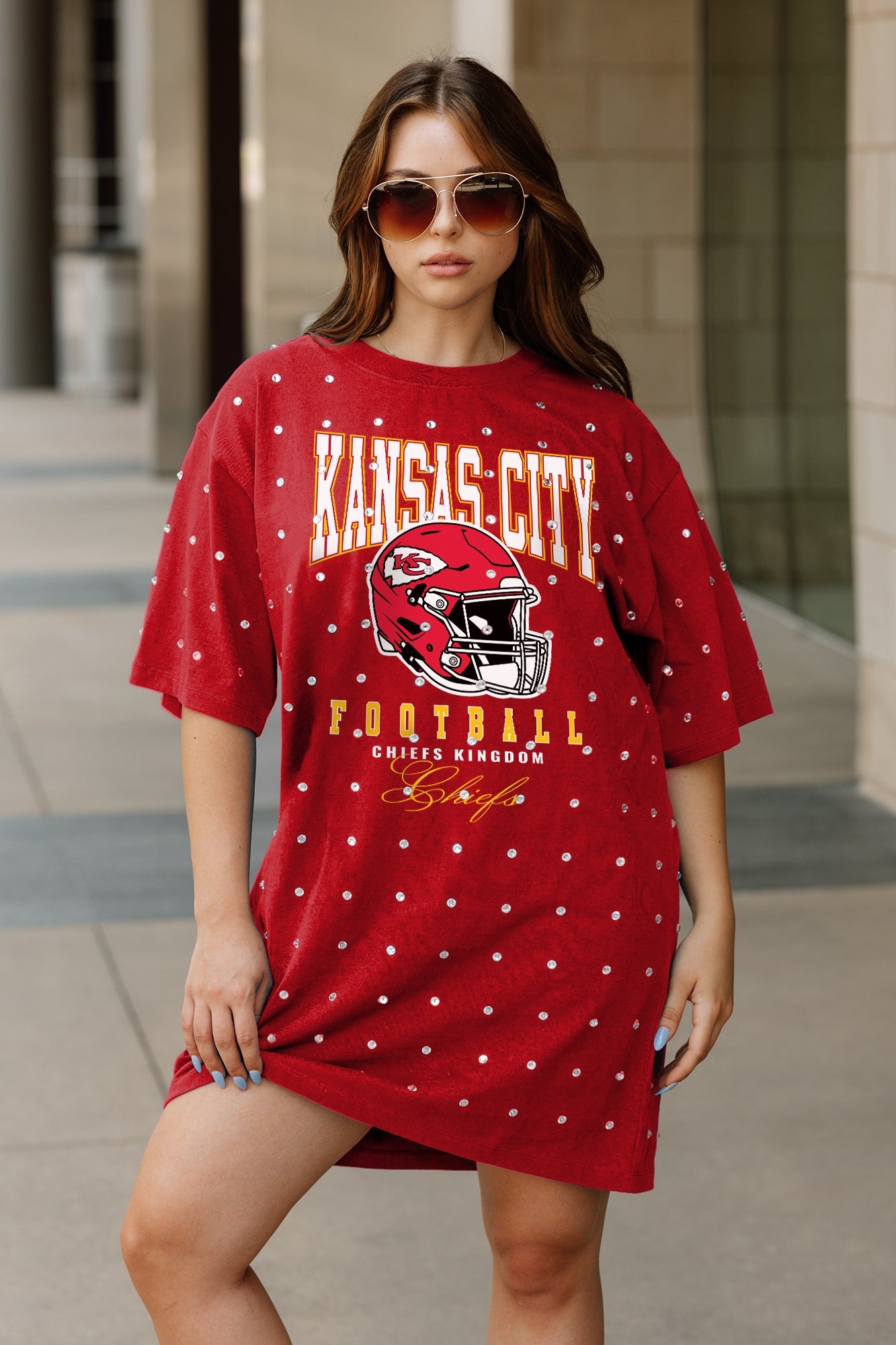 KANSAS CITY CHIEFS GAME CHANGING ALL-OVER RHINESTONE SHORT SLEEVE T-SHIRT DRESS