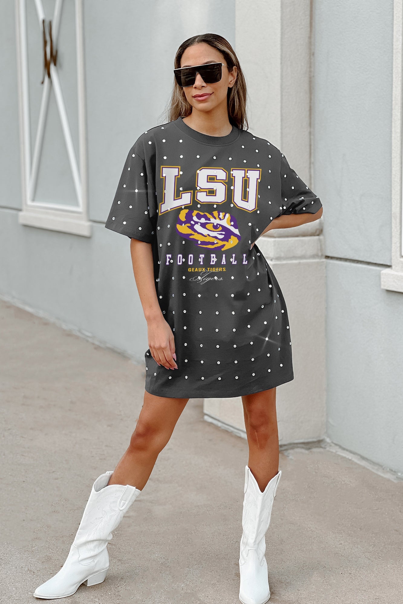 LSU TIGERS GAME CHANGING ALL-OVER RHINESTONE SHORT SLEEVE T-SHIRT DRESS