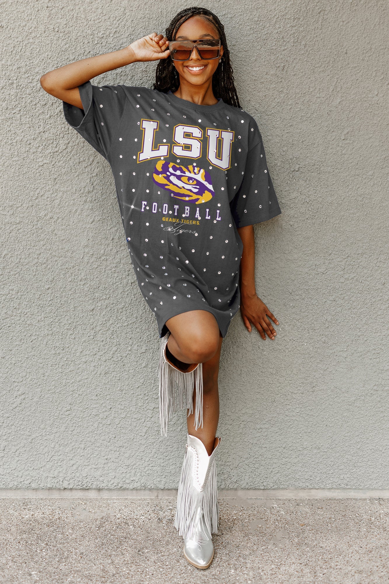 LSU TIGERS GAME CHANGING ALL-OVER RHINESTONE SHORT SLEEVE T-SHIRT DRESS