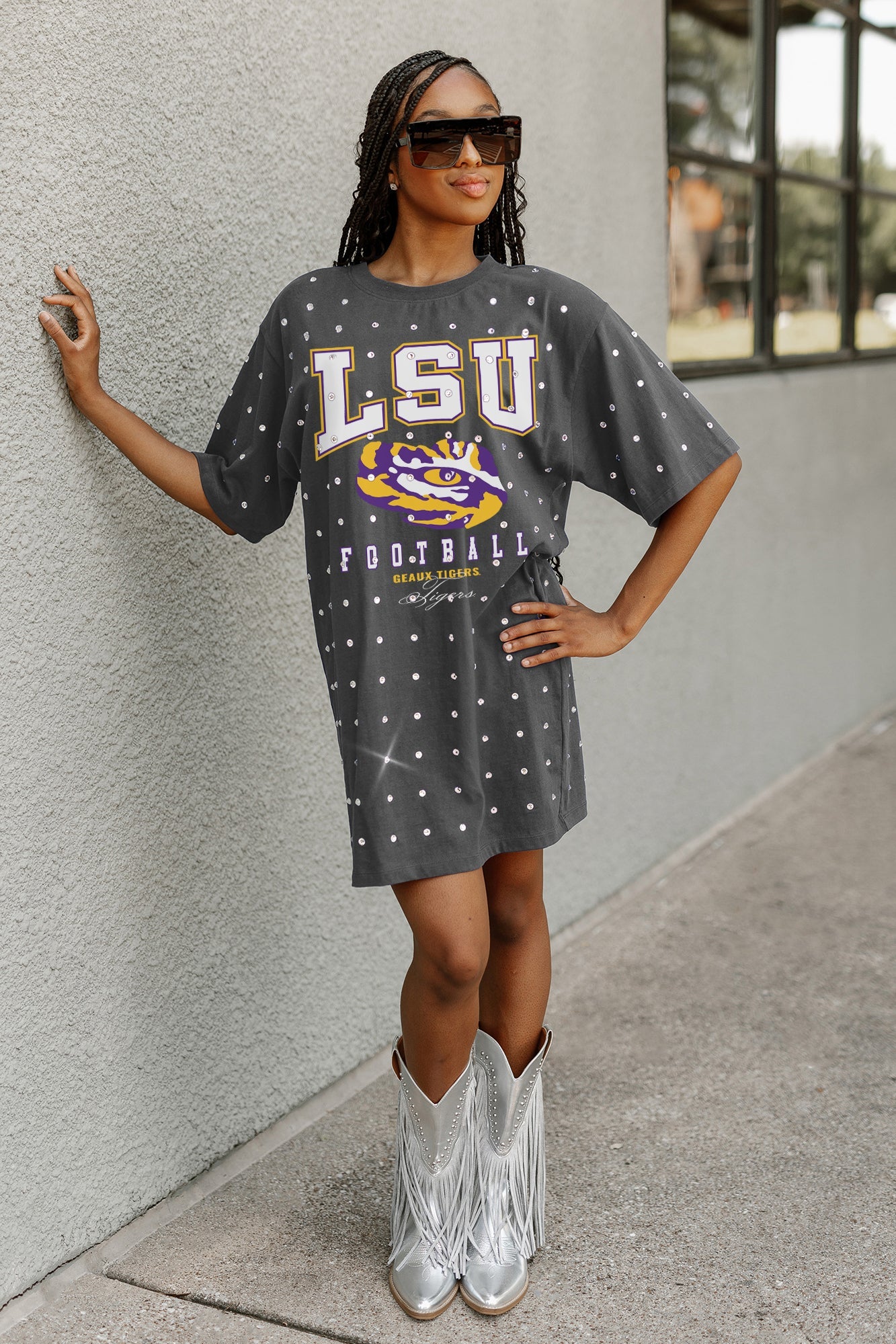 LSU TIGERS GAME CHANGING ALL-OVER RHINESTONE SHORT SLEEVE T-SHIRT DRESS