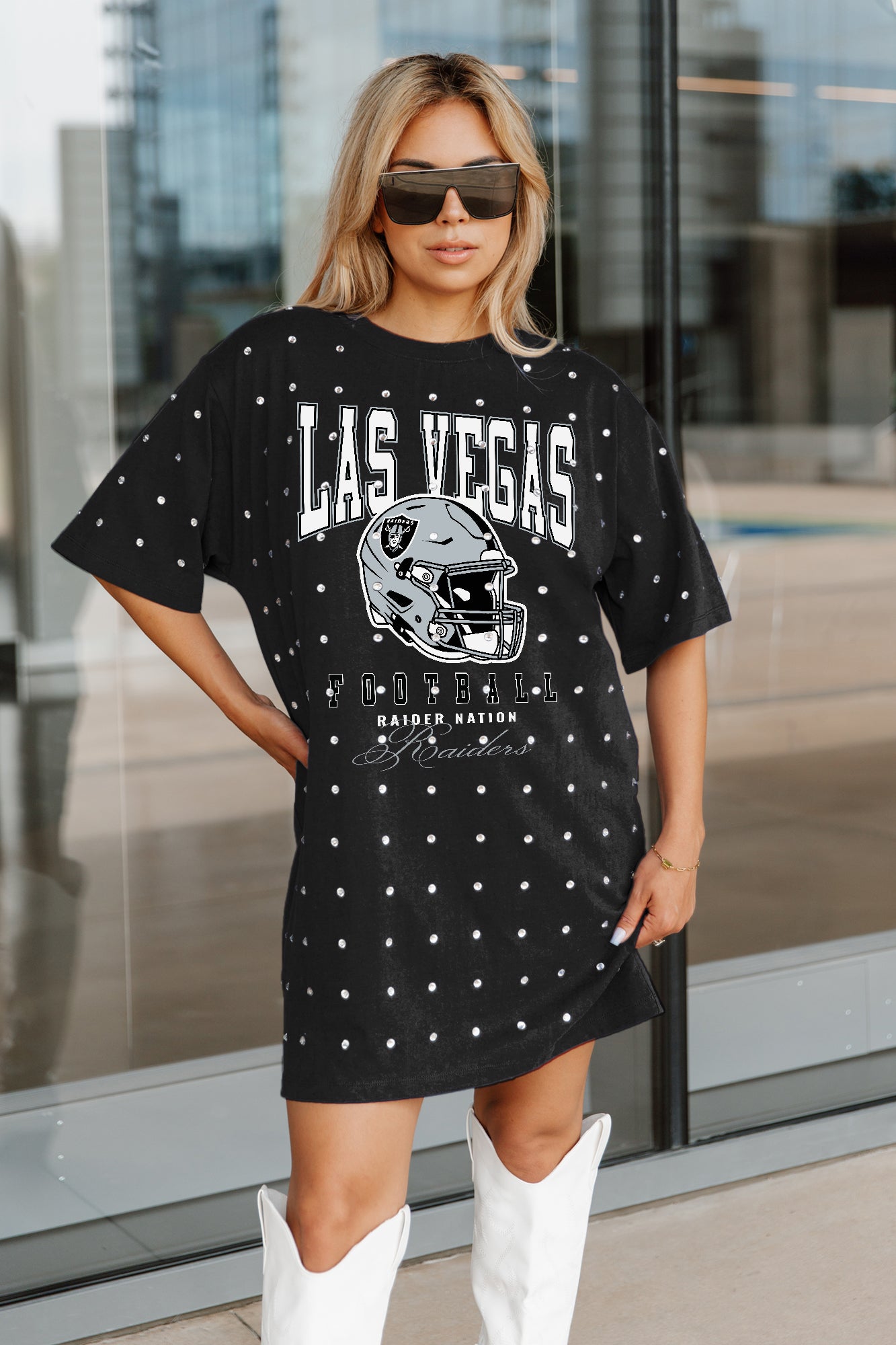 LAS VEGAS RAIDERS GAME CHANGING ALL-OVER RHINESTONE SHORT SLEEVE T-SHIRT DRESS