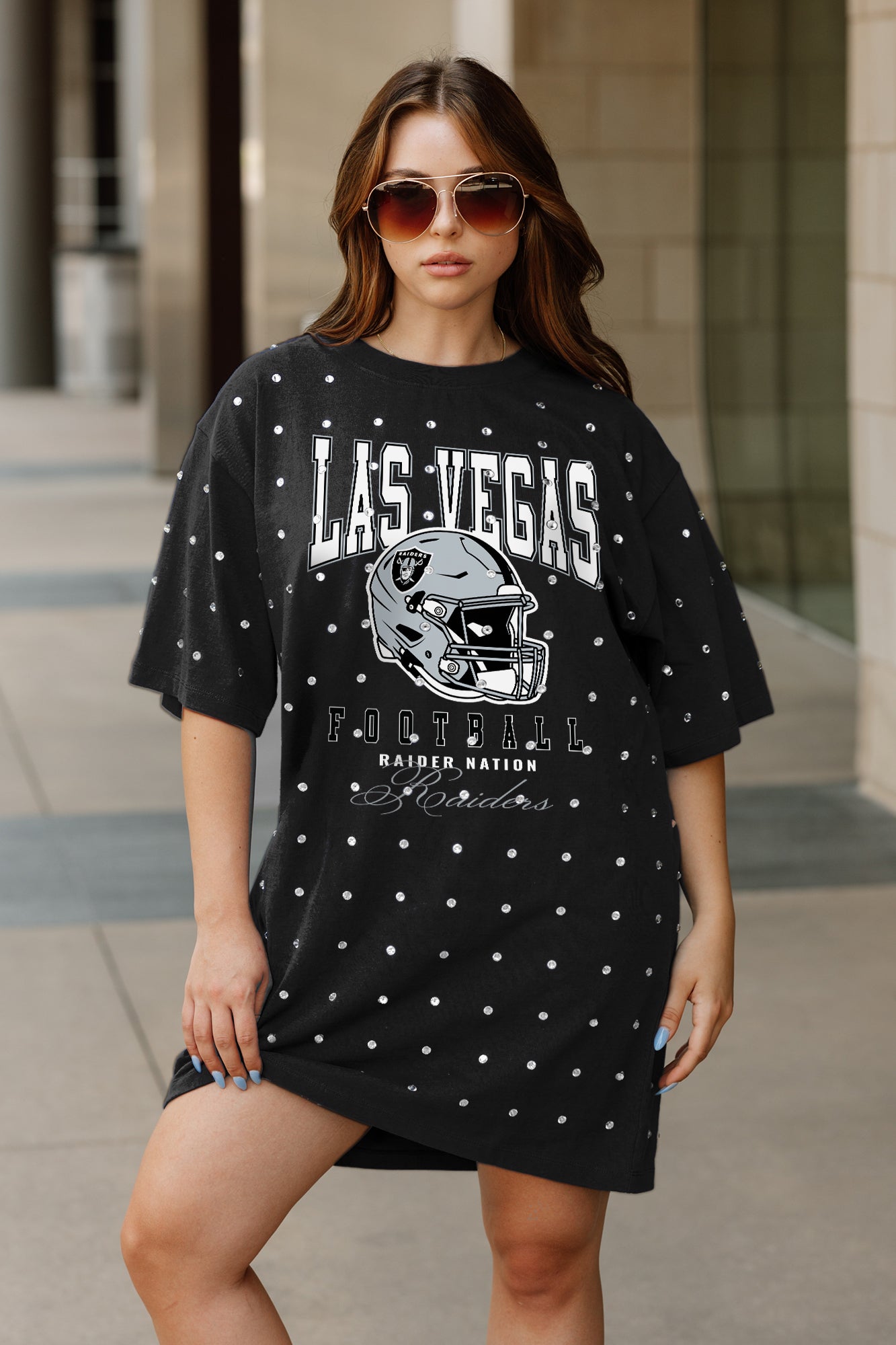 LAS VEGAS RAIDERS GAME CHANGING ALL-OVER RHINESTONE SHORT SLEEVE T-SHIRT DRESS