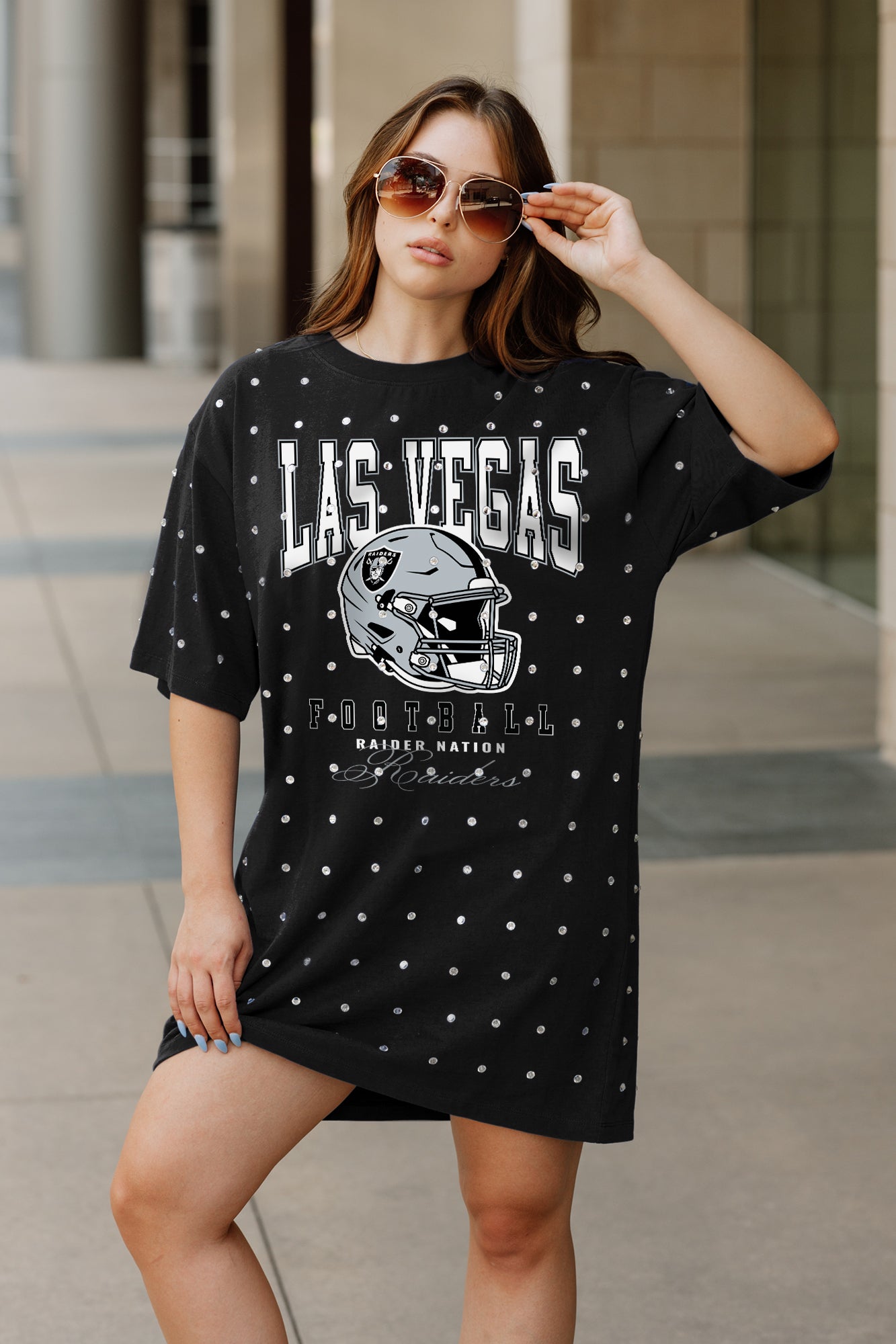 LAS VEGAS RAIDERS GAME CHANGING ALL-OVER RHINESTONE SHORT SLEEVE T-SHIRT DRESS