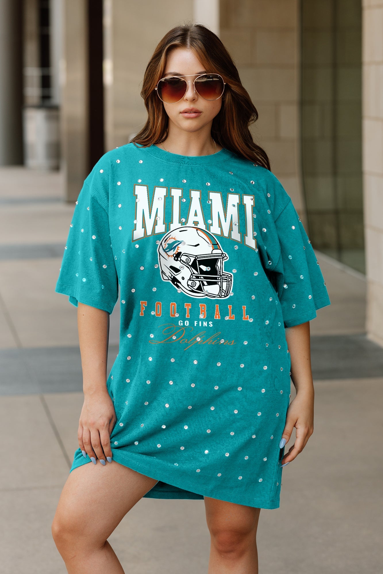 MIAMI DOLPHINS GAME CHANGING ALL-OVER RHINESTONE SHORT SLEEVE T-SHIRT DRESS