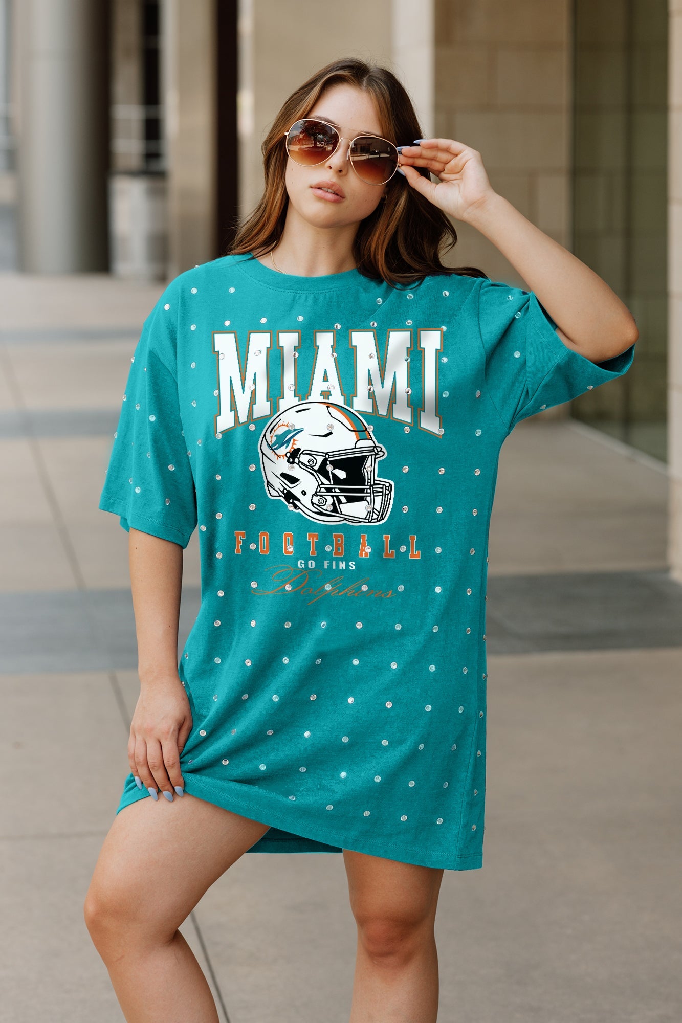 MIAMI DOLPHINS GAME CHANGING ALL-OVER RHINESTONE SHORT SLEEVE T-SHIRT DRESS