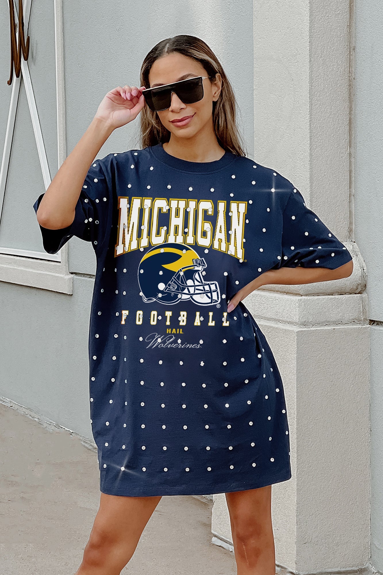 MICHIGAN WOLVERINES GAME CHANGING ALL-OVER RHINESTONE SHORT SLEEVE T-SHIRT DRESS