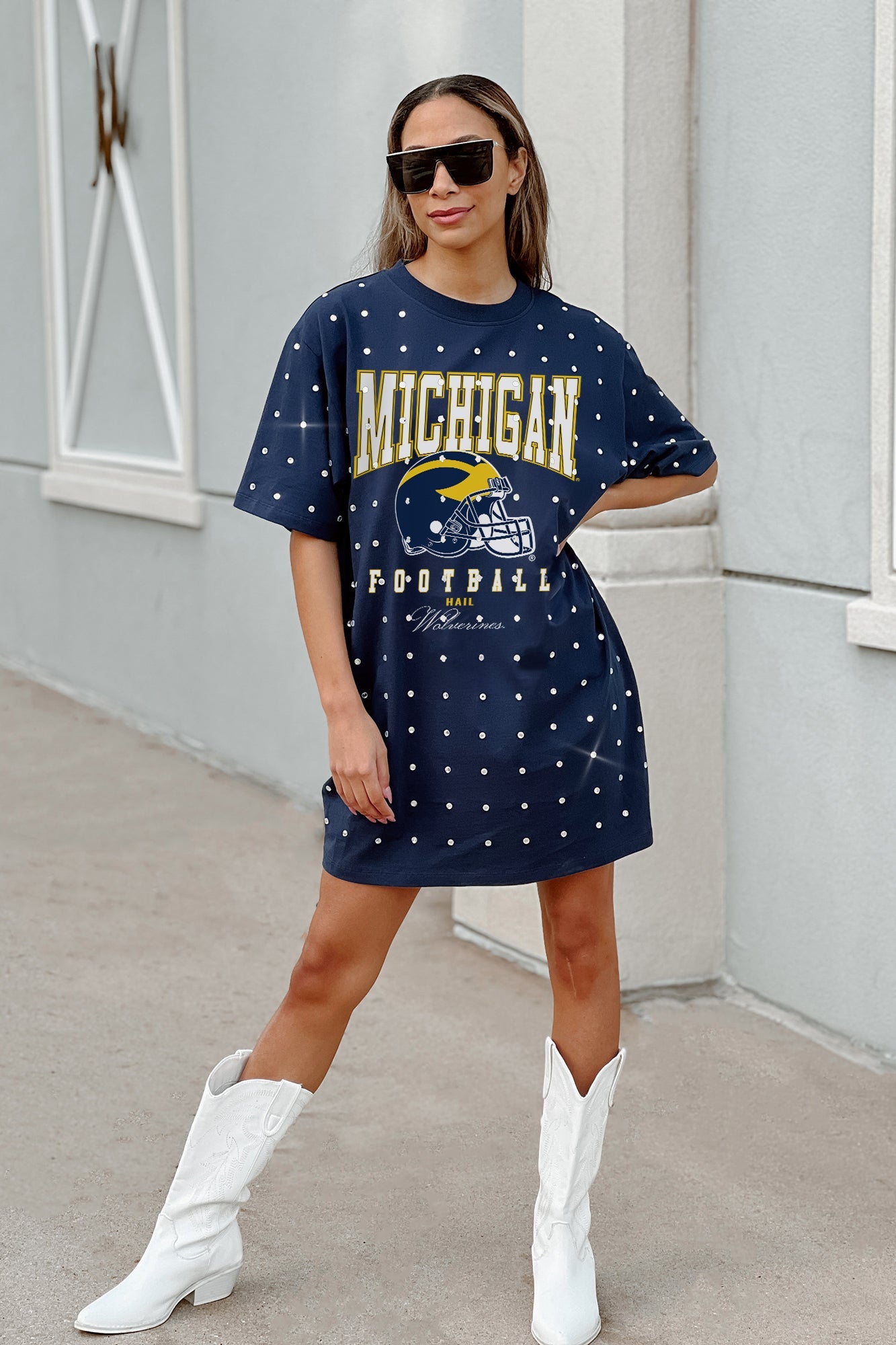 MICHIGAN WOLVERINES GAME CHANGING ALL-OVER RHINESTONE SHORT SLEEVE T-SHIRT DRESS