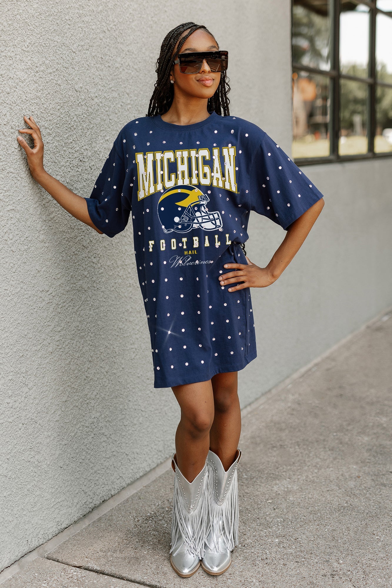 MICHIGAN WOLVERINES GAME CHANGING ALL-OVER RHINESTONE SHORT SLEEVE T-SHIRT DRESS