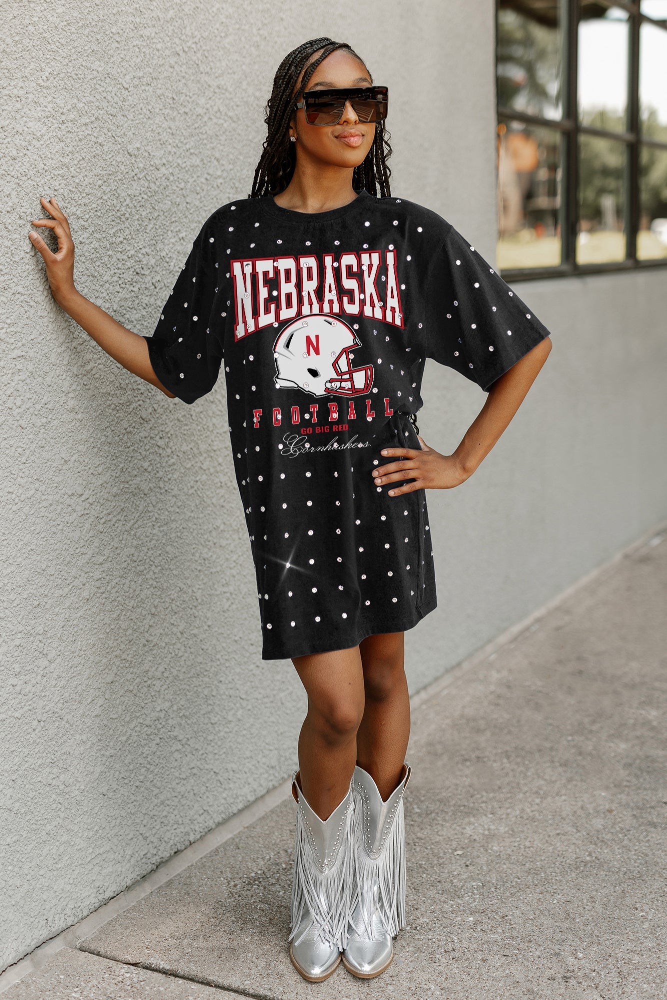 NEBRASKA CORNHUSKERS GAME CHANGING ALL-OVER RHINESTONE SHORT SLEEVE T-SHIRT DRESS