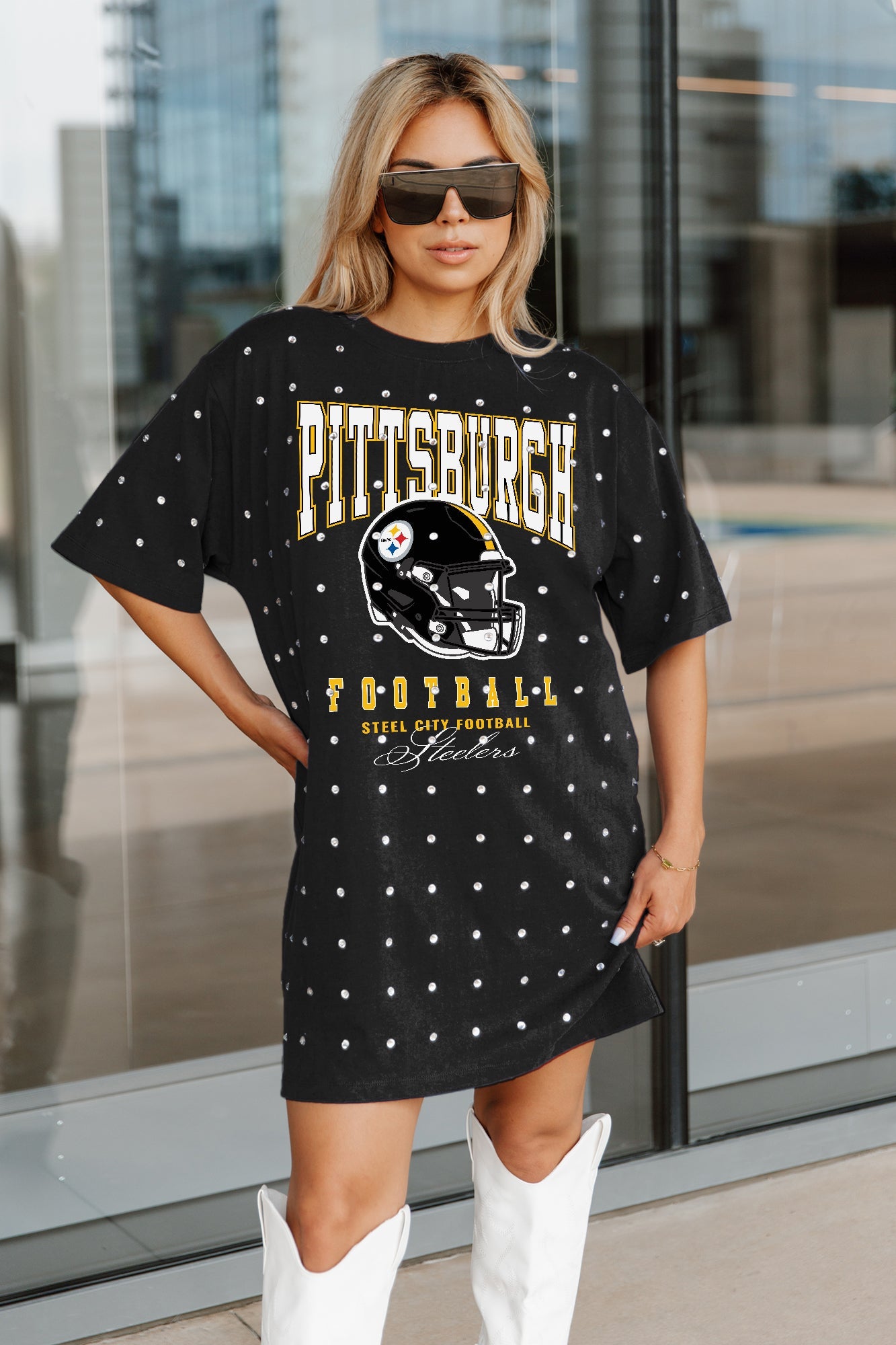 PITTSBURGH STEELERS GAME CHANGING ALL-OVER RHINESTONE SHORT SLEEVE T-SHIRT DRESS