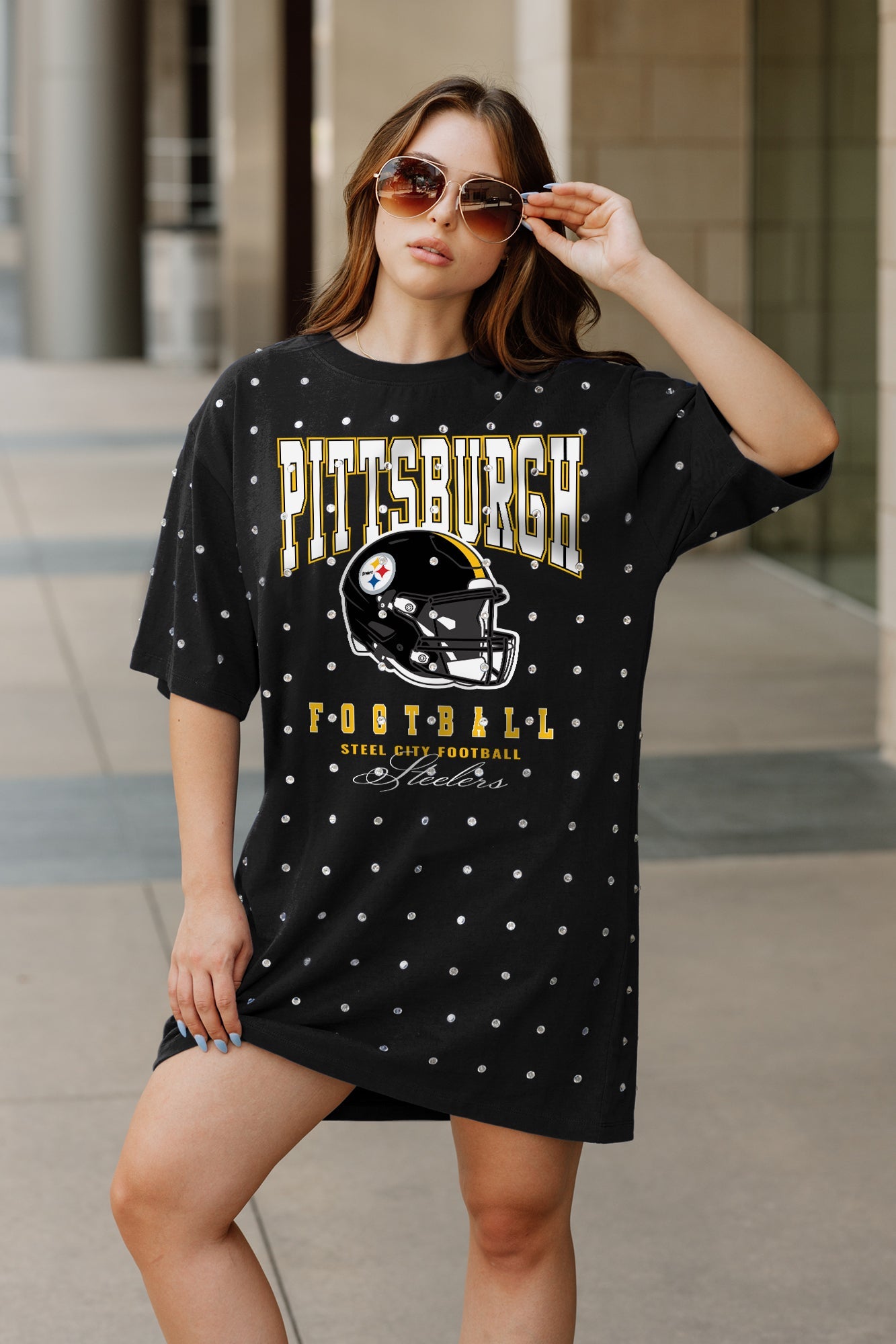 PITTSBURGH STEELERS GAME CHANGING ALL-OVER RHINESTONE SHORT SLEEVE T-SHIRT DRESS