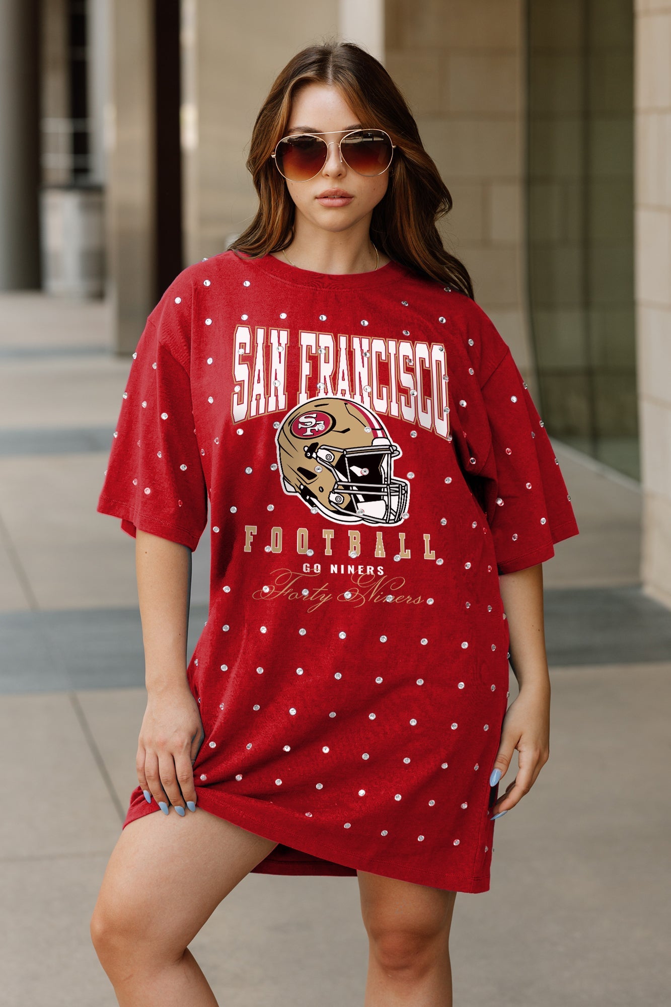 SAN FRANCISCO 49ERS GAME CHANGING ALL-OVER RHINESTONE SHORT SLEEVE T-SHIRT DRESS