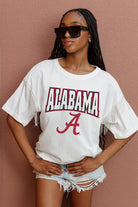 ALABAMA CRIMSON TIDE IRRESISTIBLE SHORT SLEEVE RHINESTONE FRINGE TEE WITH RIBBED NECKLINE