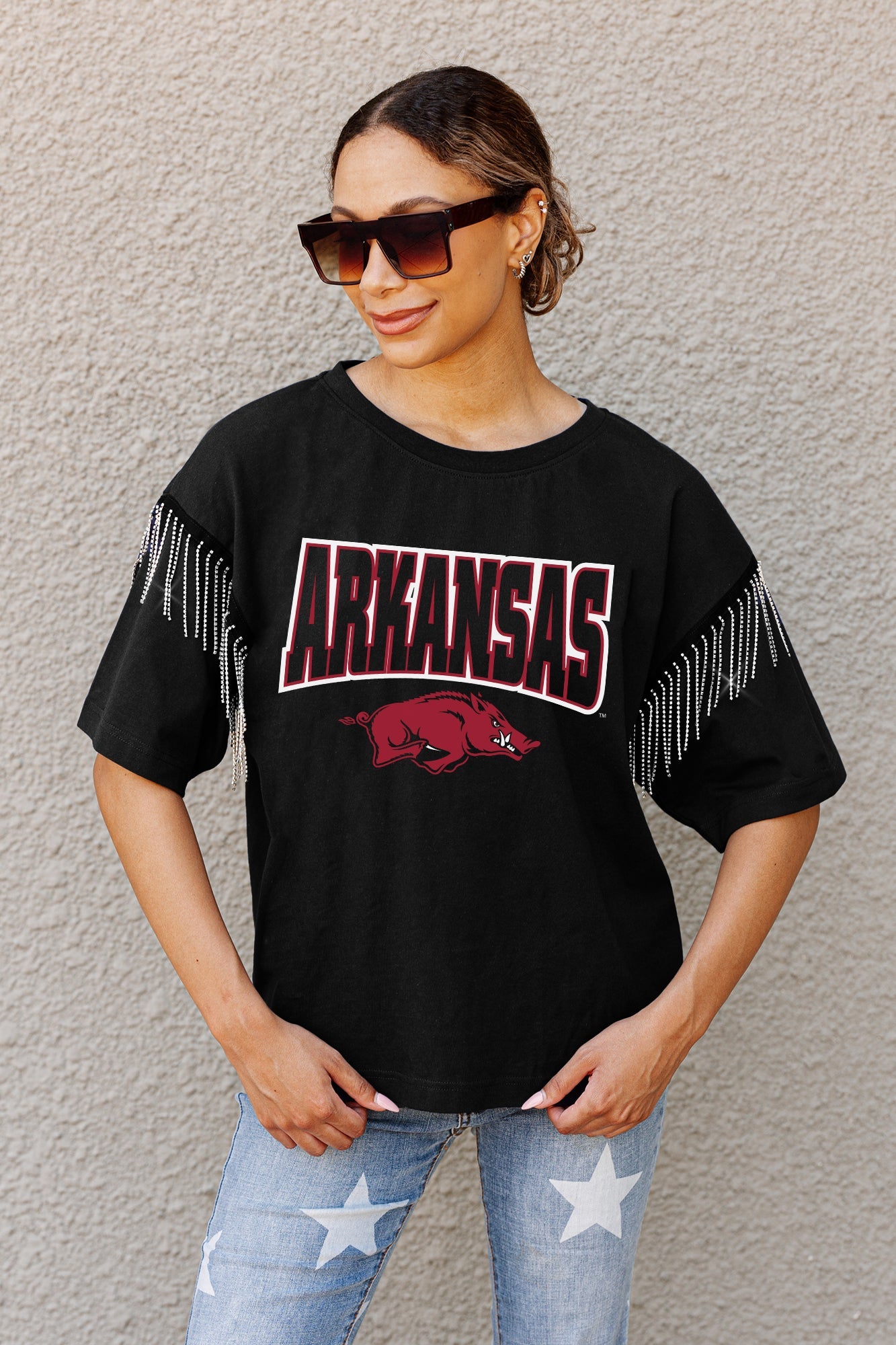 ARKANSAS RAZORBACKS IRRESISTIBLE SHORT SLEEVE RHINESTONE FRINGE TEE WITH RIBBED NECKLINE