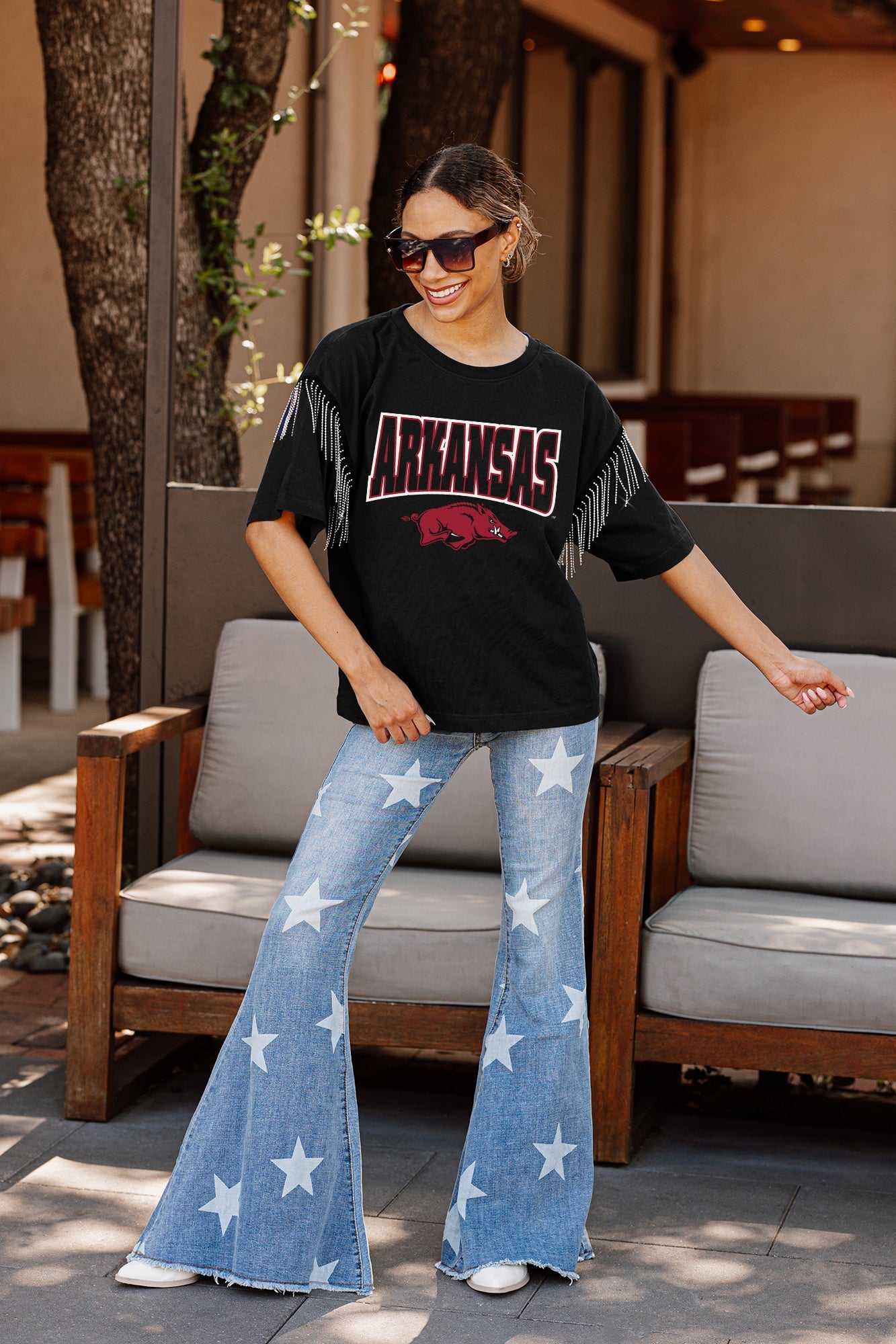 ARKANSAS RAZORBACKS IRRESISTIBLE SHORT SLEEVE RHINESTONE FRINGE TEE WITH RIBBED NECKLINE